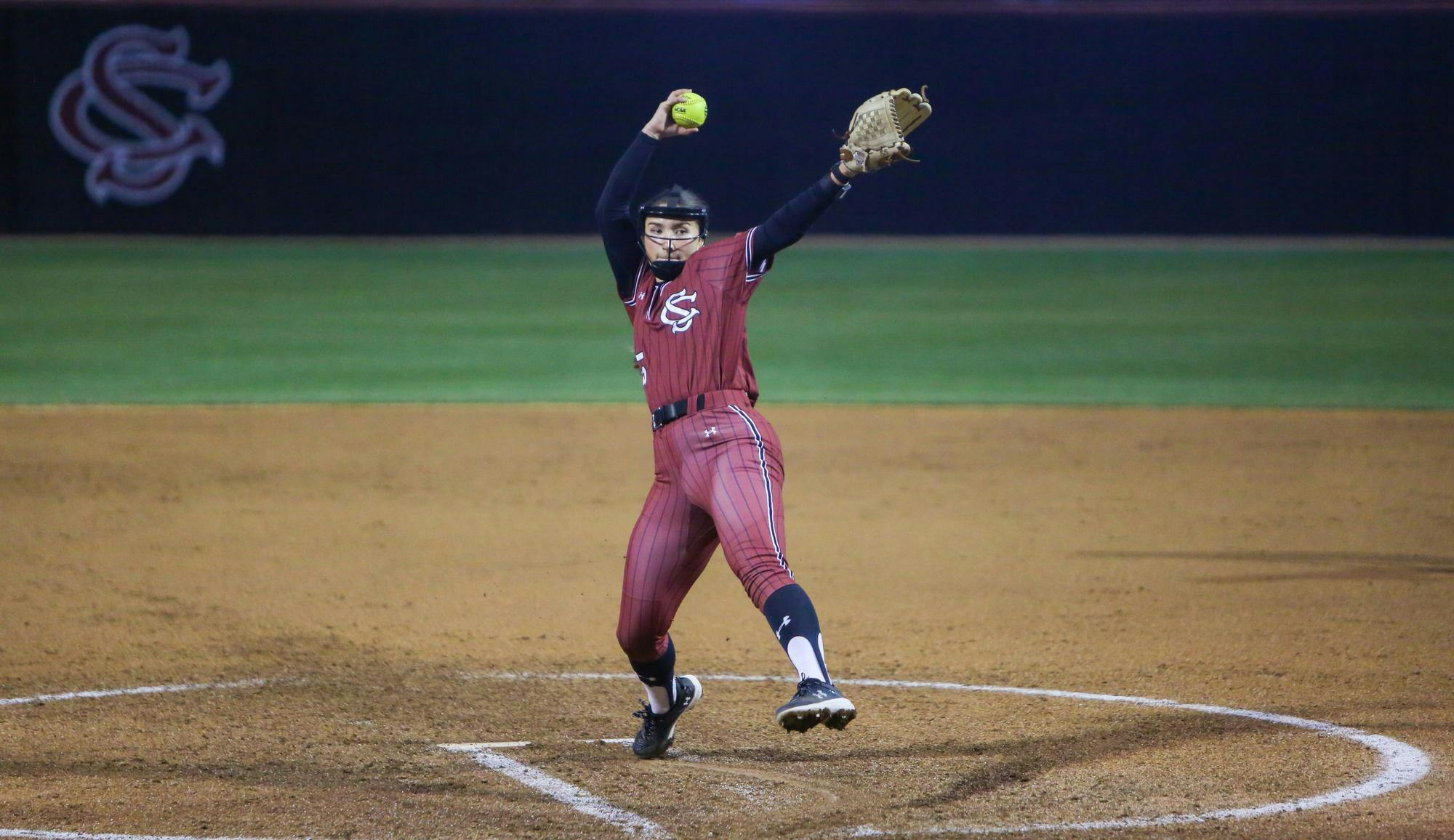 Sophomore pitcher Julie Kelley throws a pitch against Kennesaw State at the Carolina Softball Stadium at Beckham Field on Feb. 14, 2026. Kelley pitched three innings, giving up two hits and zero runs.