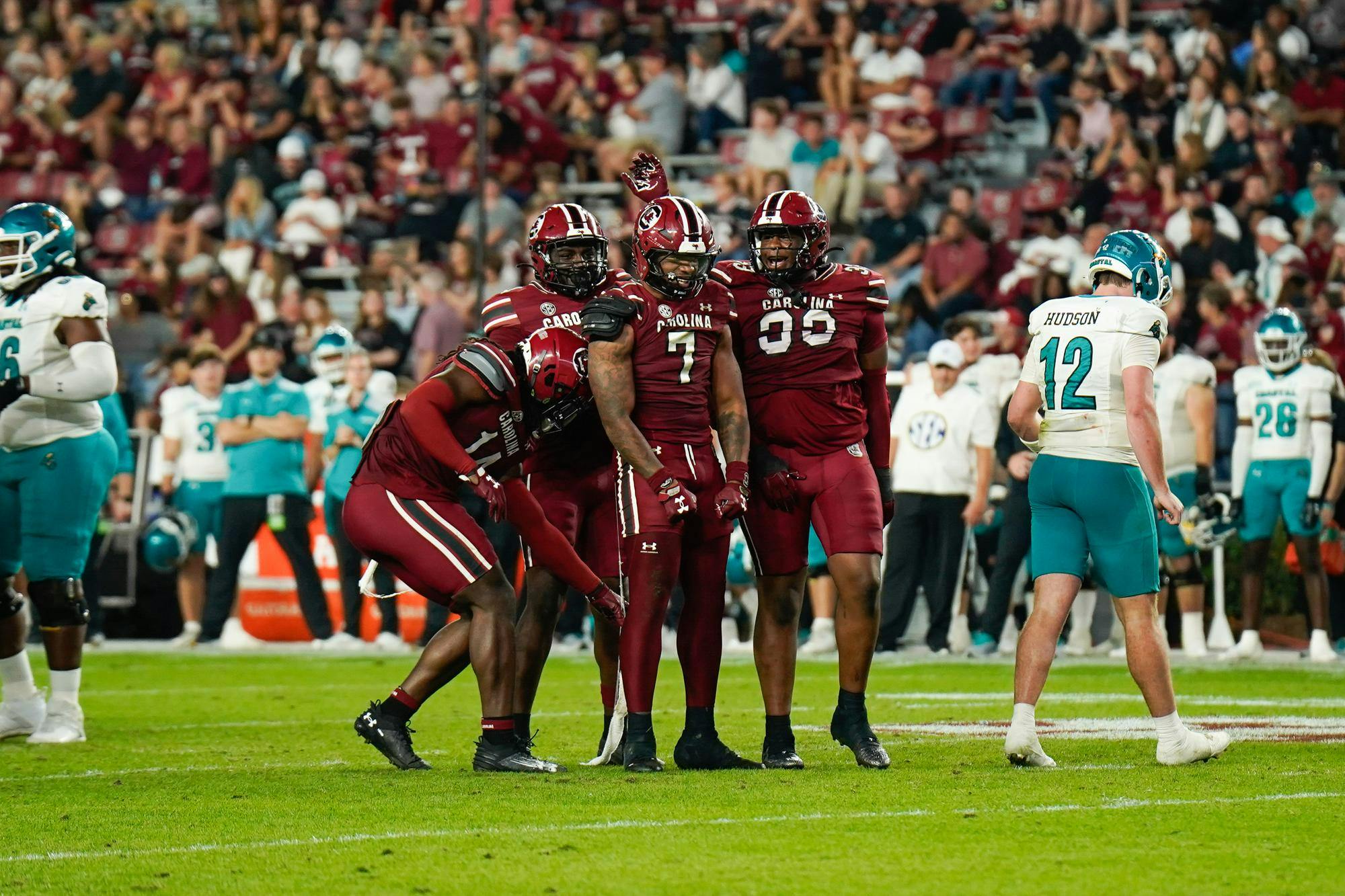 Redshirt junior linebacker Shawn Murphy poses after a defensive stop against Coastal Carolina at Williams-Brice Stadium on Nov. 22, 2025. The Gamecocks had 24 first downs in this game.