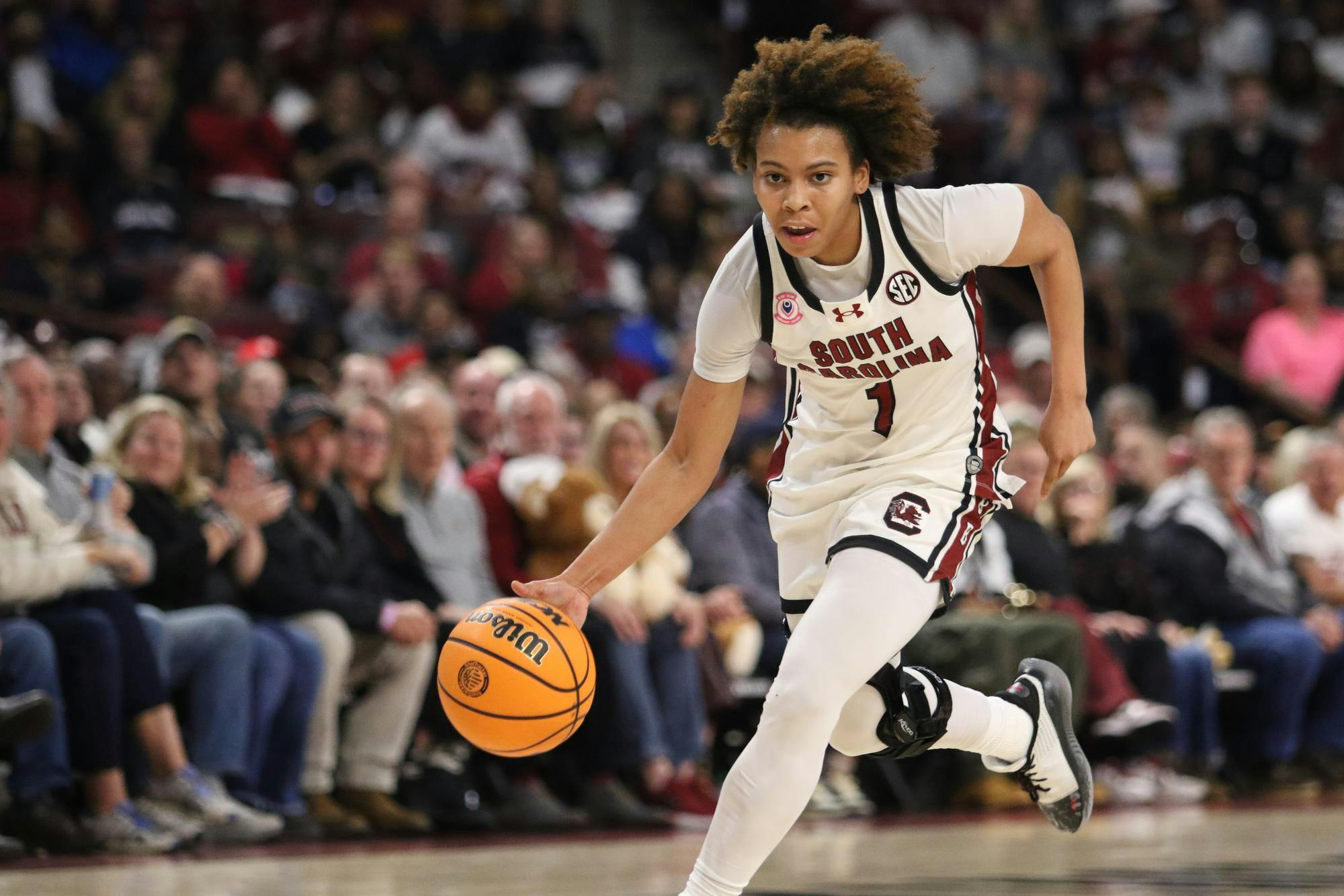 Sophomore guard Maddy McDaniel dribbles the ball up the court in South Carolina’s game against Missouri on Feb. 26, 2026. The Gamecocks defeated the Missouri Tigers with a final score of 112-71.