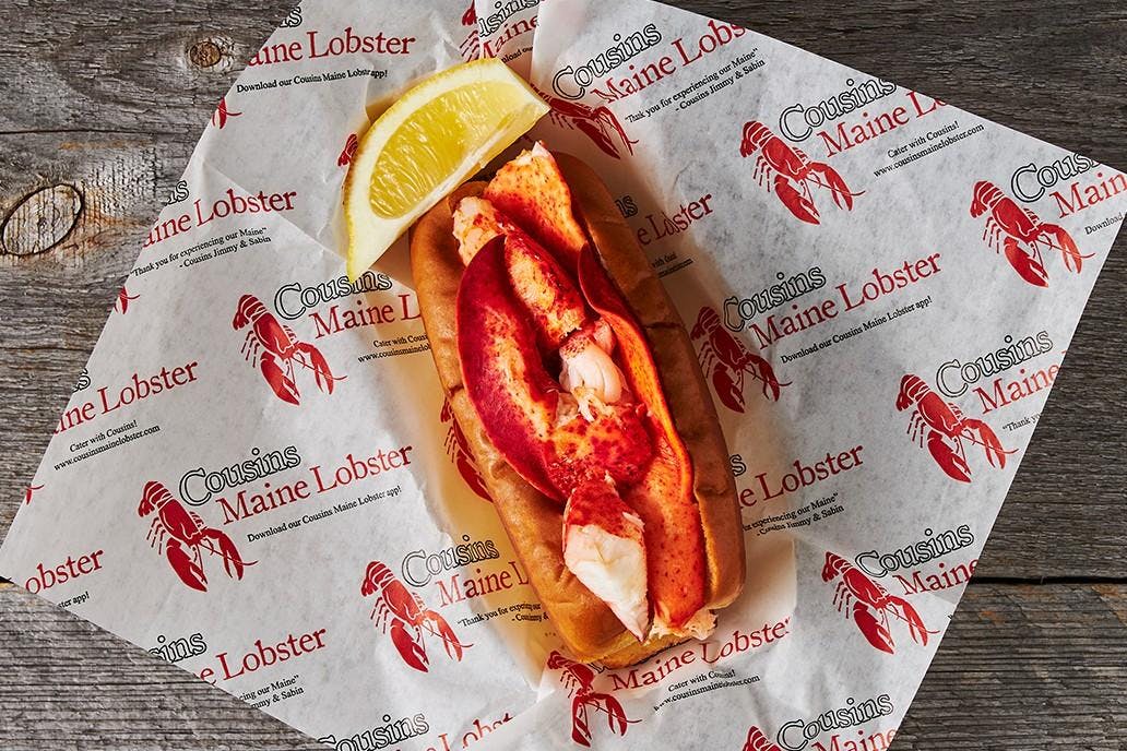 Cousins Maine Lobster offers three different types of lobster rolls. This photo features the Maine roll, which is served with chilled lobster meat and mayonnaise on top of a New England split-top roll.