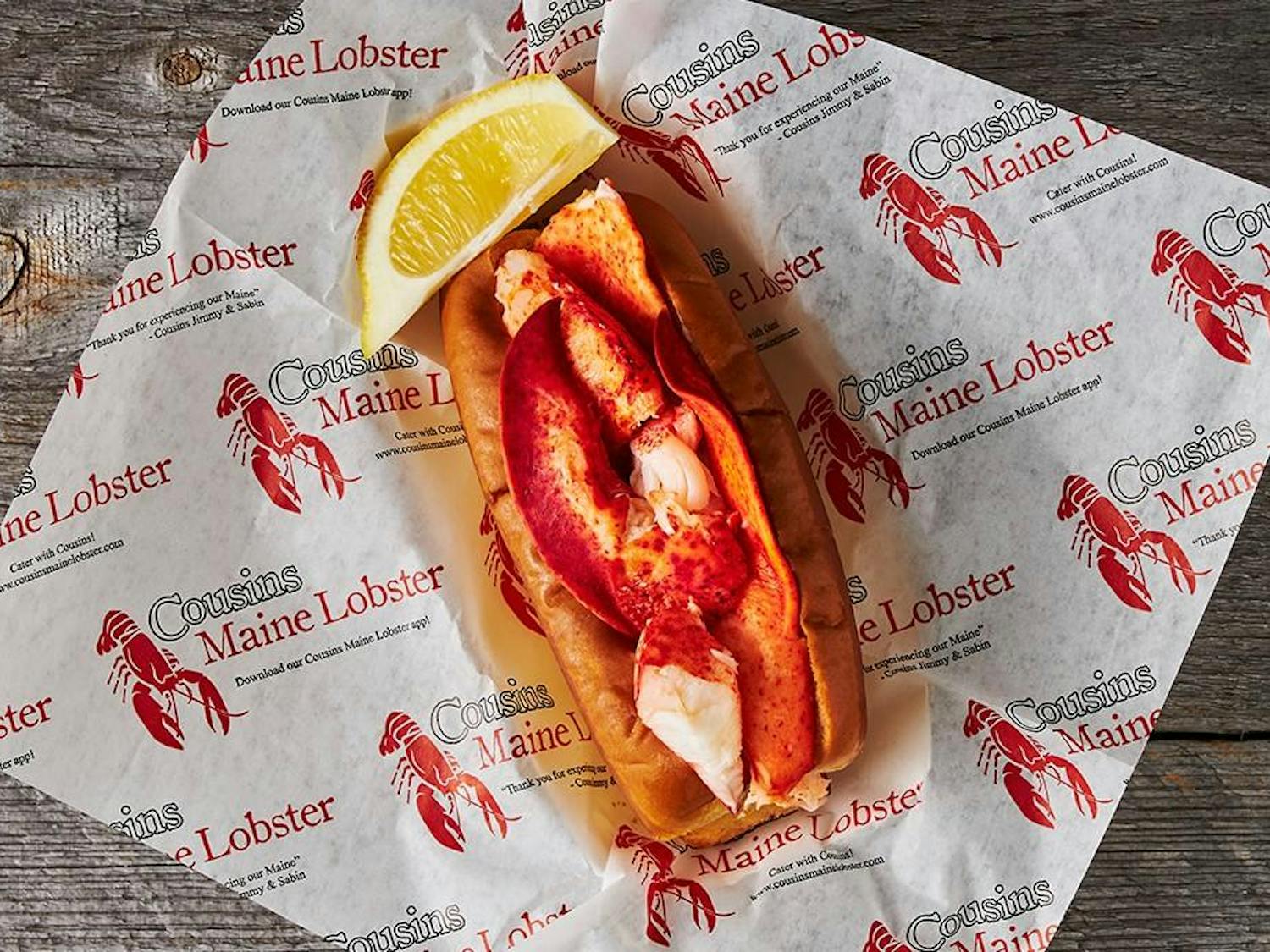 Cousins Maine Lobster offers three different types of lobster rolls. This photo features the Maine roll, which is served with chilled lobster meat and mayonnaise on top of a New England split-top roll.