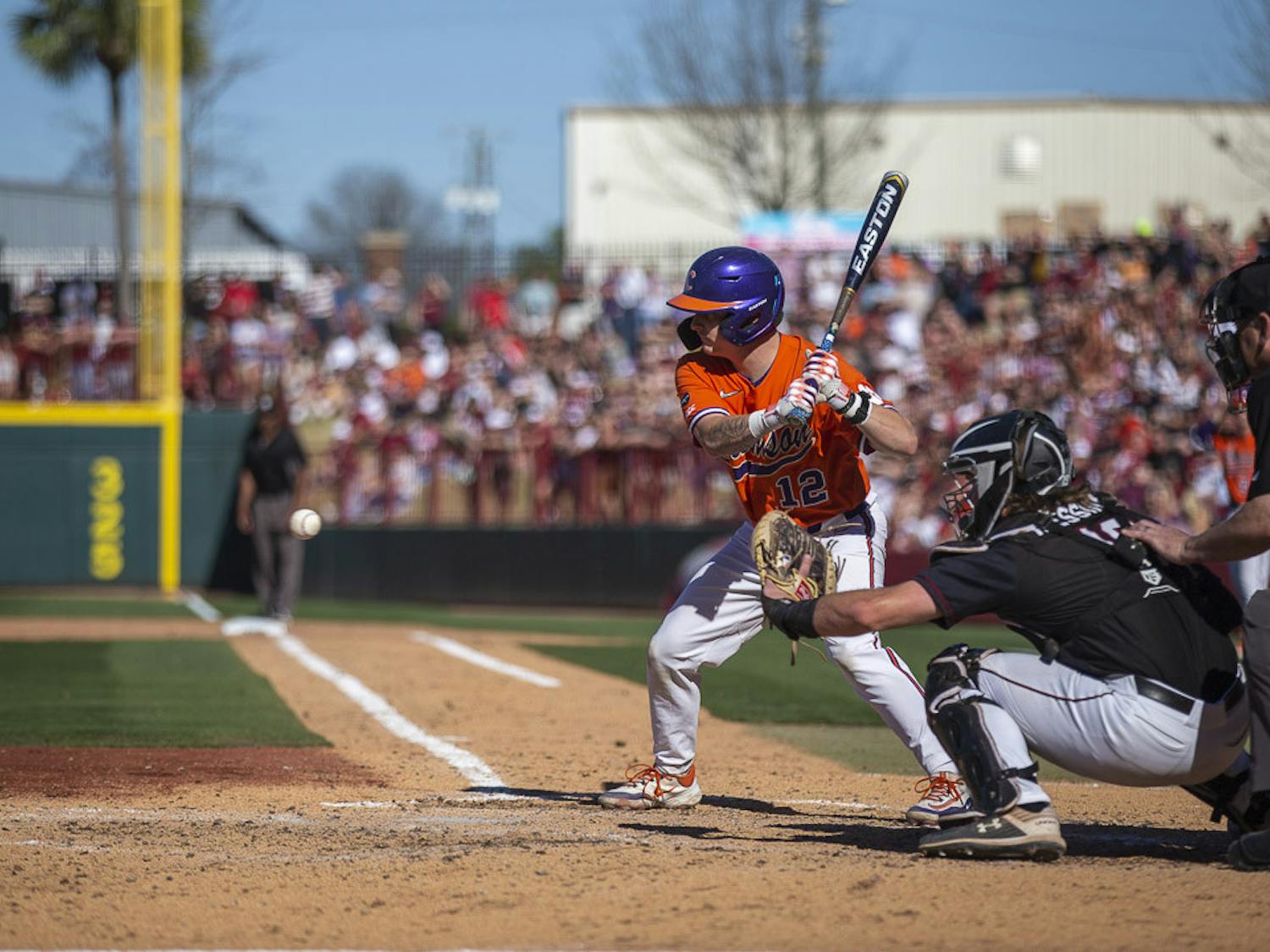 Sophomore catcher Cole Messina prepares to catch a strike during the rivalry matchup between South Carolina and Clemson on March 5, 2023, at Founders Park. The Gamecocks beat the Tigers 7-1.