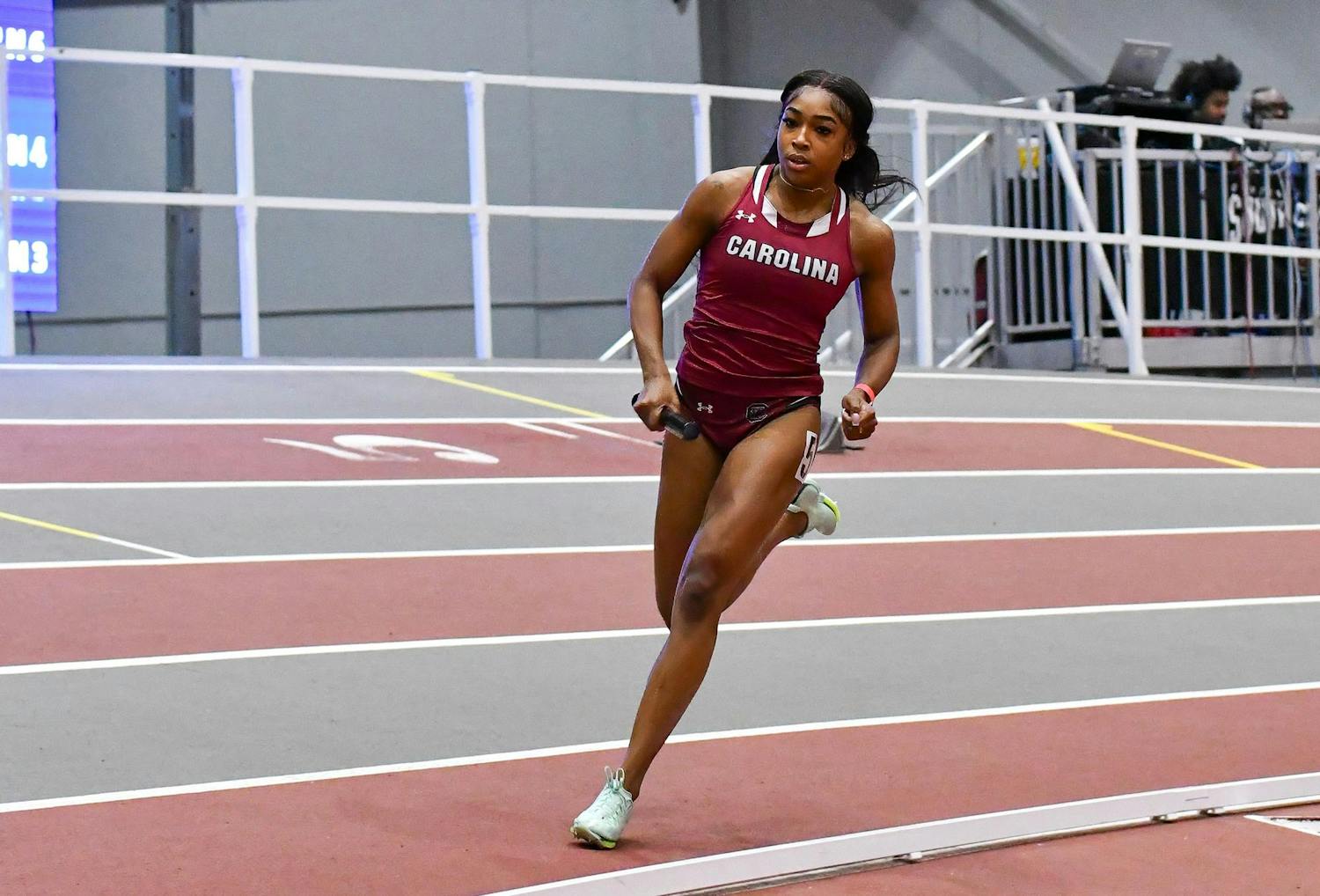 JaMeesia Ford running at the Carolina Indoor Track &amp; Field Complex during the Gamecock Opener on Jan. 13, 2024. Ford, a freshman sprinter, is the 2024 SEC Freshman Runner of the Year.