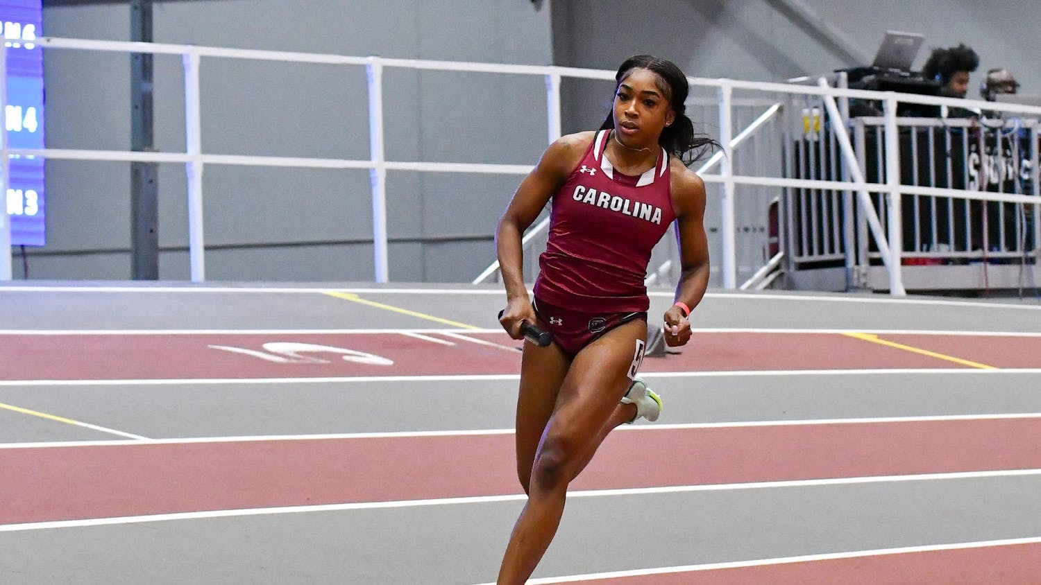 JaMeesia Ford running at the Carolina Indoor Track & Field Complex during the Gamecock Opener on Jan. 13, 2024. Ford, a freshman sprinter, is the 2024 SEC Freshman Runner of the Year.