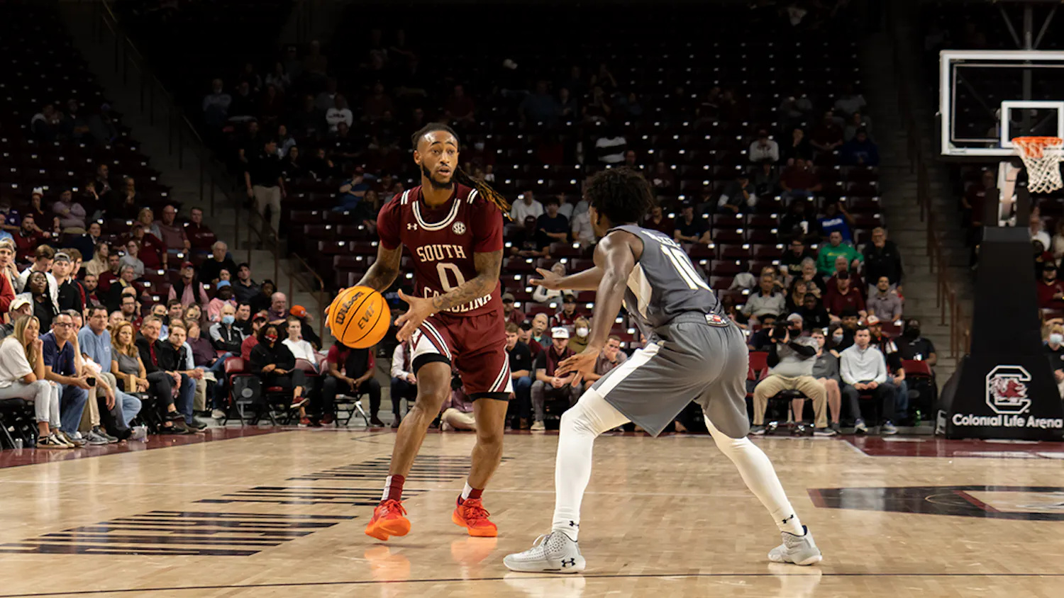 Graduate student guard James Reese looks for an open teammate to pass the ball to. South Carolina won this game against UAB on Nov. 18, 2021 by a score of 66-63.