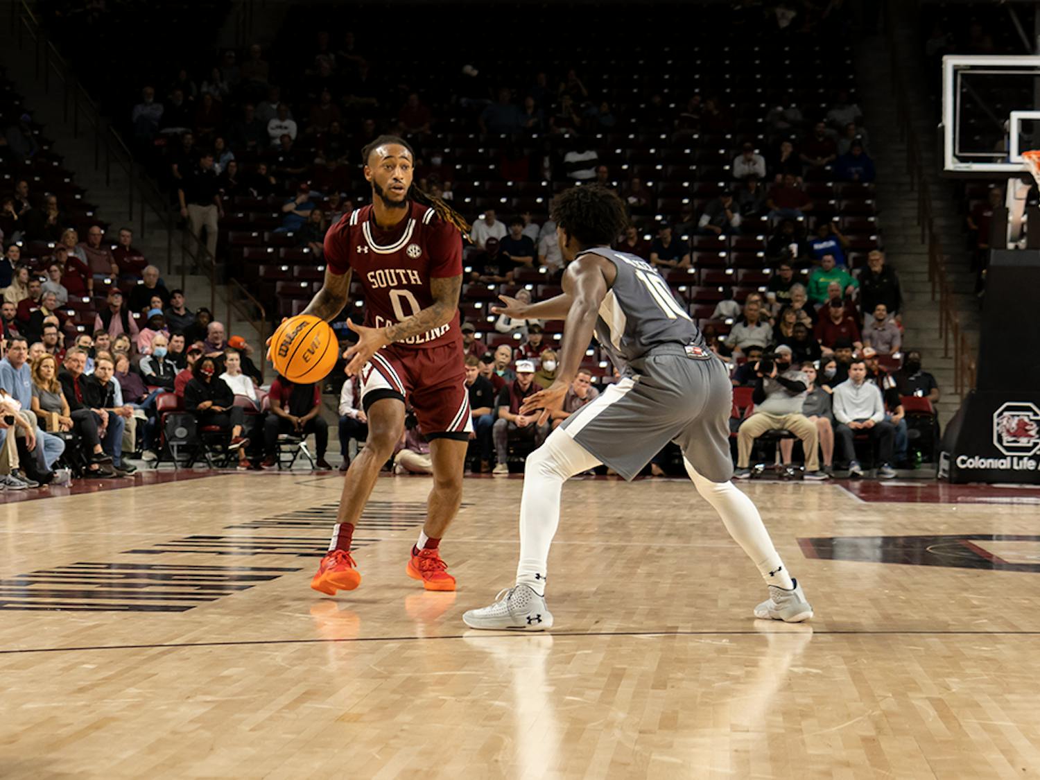 Graduate student guard James Reese looks for an open teammate to pass the ball to. South Carolina won this game against UAB on Nov. 18, 2021 by a score of 66-63.