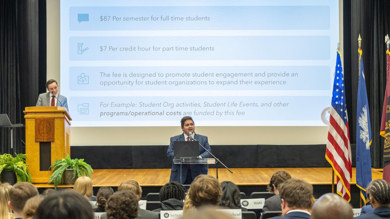 FILE — Student Body Treasurer Jacob Vaught, speaks to members of student senate about raising the campus activity fee to support the student activities during a session in the Russell House Theatre on Jan. 31, 2024. During the 116th senate term, the USC student senate increased the student budget and implemented new finance codes.
