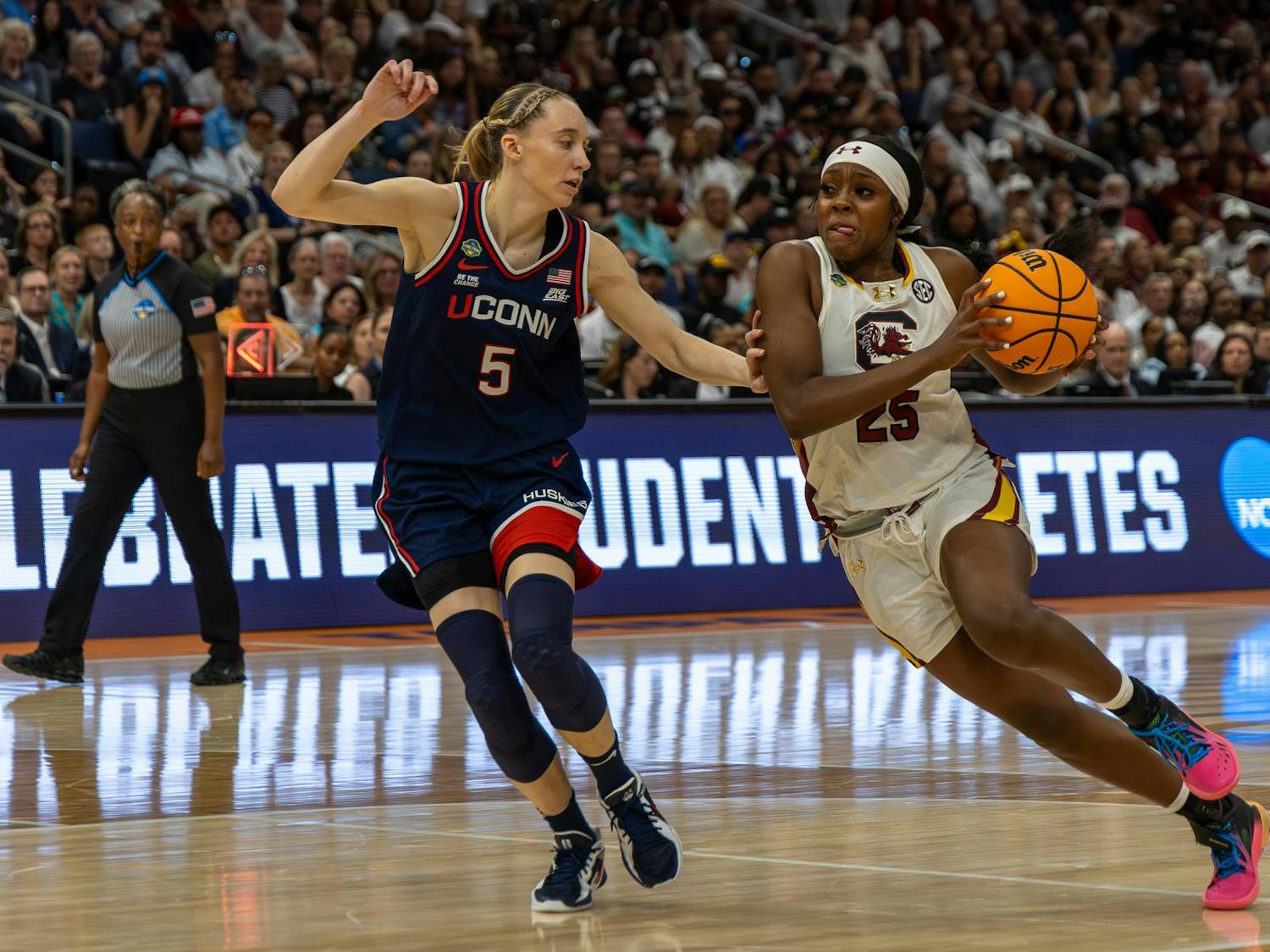 Junior guard Raven Johnson carries the basketball around UConn guard Paige Bueckers during the National Championship game on April 6, 2025 at Amalie Arena. Johnson started for the Gamecocks, playing for 26 minutes.