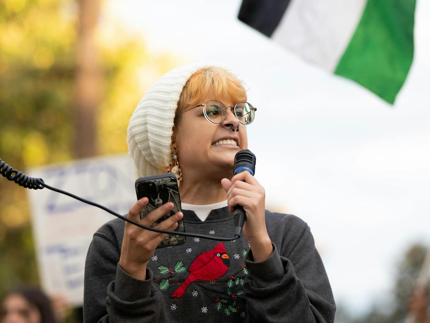 Andrés Gonzalez speaks at the Free Palestine Emergency Demonstration via Students for Socialism at USC . The rally was held by the North and South Carolina Party for Social Liberation at the South Carolina Statehouse on Oct. 17, 2023.