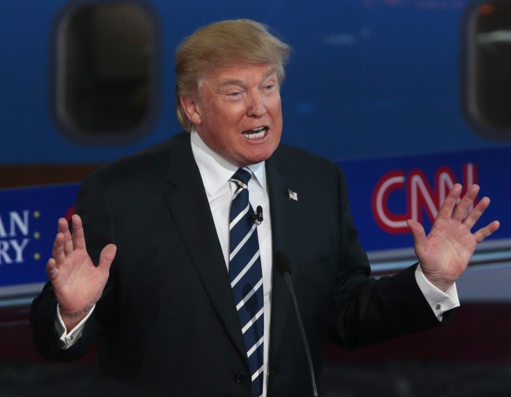 Republican presidential candidate Donald Trump on the debate stage at the Reagan Library in Simi Valley, Calif., on Wednesday, Sept. 16, 2015. (Robert Gauthier/Los Angeles Times/TNS)