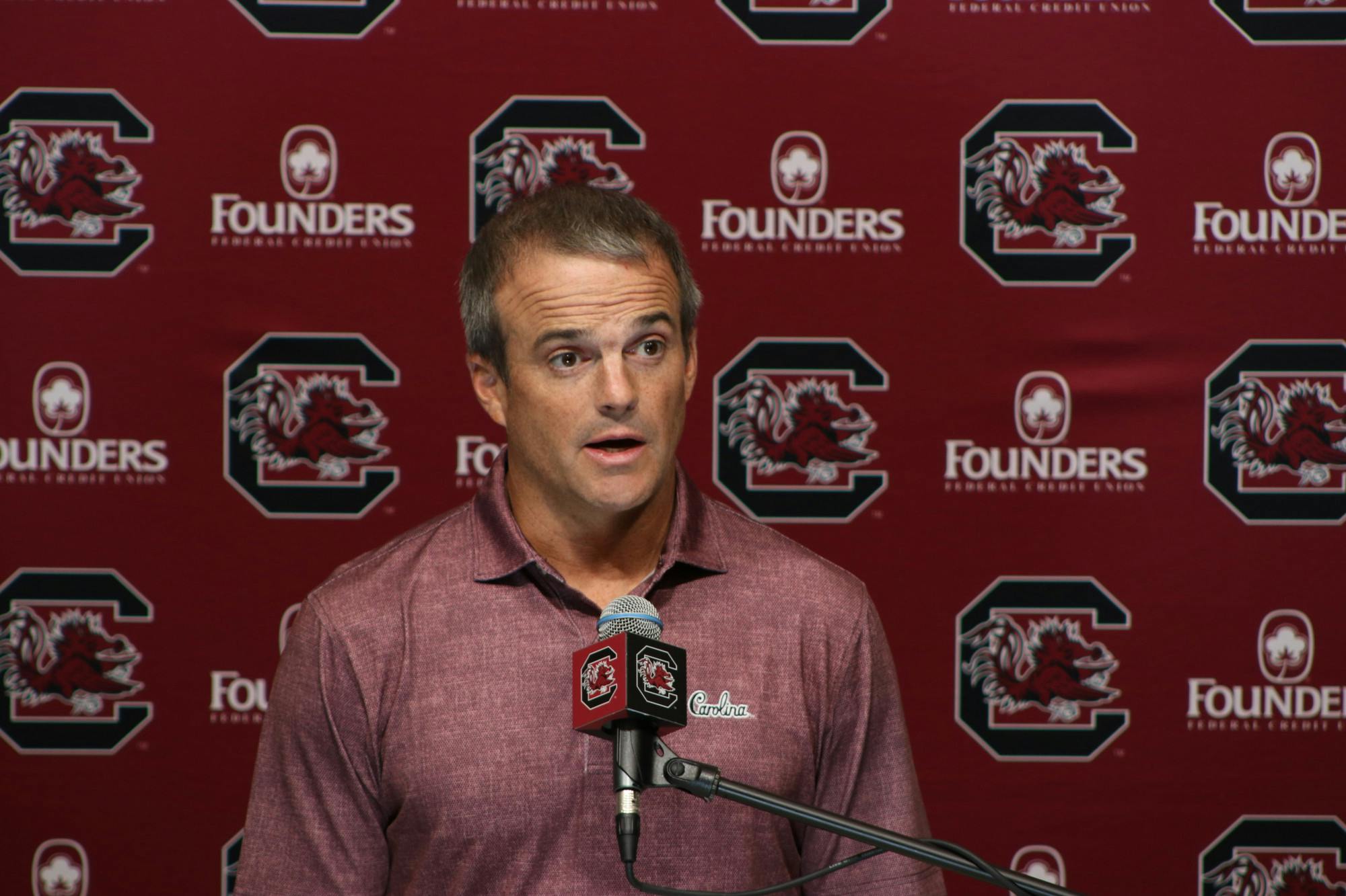 Gamecock head football coach Shane Beamer addresses the media at the Gamecock Football Operations Center on Sep. 26, 2023. Beamer spoke about the challenges facing the team ahead of this week’s game at Tennessee.