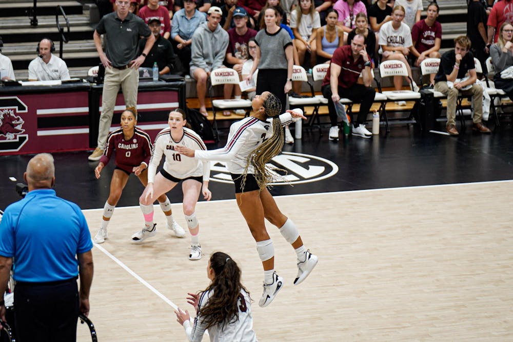 <p>Freshman outside Hitter Victoria Hill gets up to hit the ball against Alabama at the Carolina Volleyball Center on Oct. 19, 2025. Hill had two kills this game.</p>