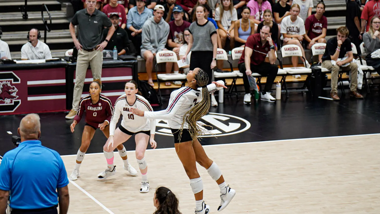 Freshman outside Hitter Victoria Hill gets up to hit the ball against Alabama at the Carolina Volleyball Center on Oct. 19, 2025. Hill had two kills this game.