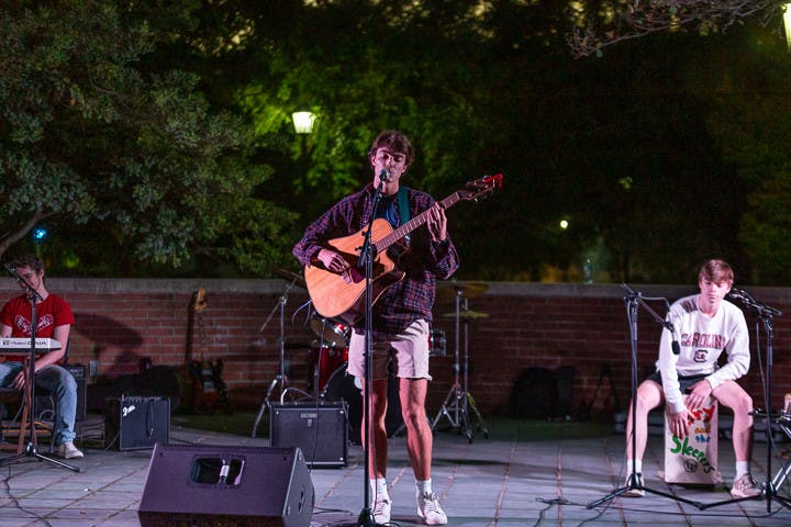Henry and the Sleepers perform its set during the UofSC Battle of the Bands on Oct. 5, 2022. The band consists of second-year computer science student Wyatt Carhart (left), second-year media arts student Henry Wood (center) and second-year operations and supply chain student Sean Wright (right).
