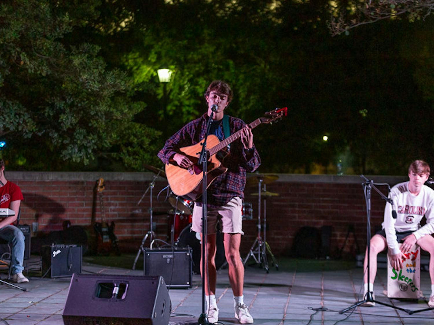 Henry and the Sleepers perform its set during the UofSC Battle of the Bands on Oct. 5, 2022. The band consists of second-year computer science student Wyatt Carhart (left), second-year media arts student Henry Wood (center) and second-year operations and supply chain student Sean Wright (right).