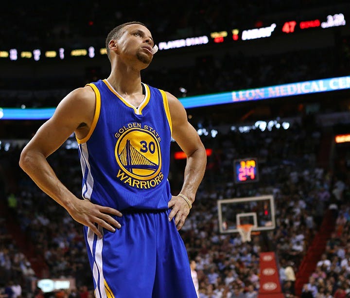 The Golden State Warriors&apos; Stephen Curry reacts after a play against the Miami Heat during the second quarter at the AmericanAirlines Arena in Miami on Wednesday, Feb. 24, 2016. The Warriors won, 118-112. (David Santiago/Miami Herald/TNS)