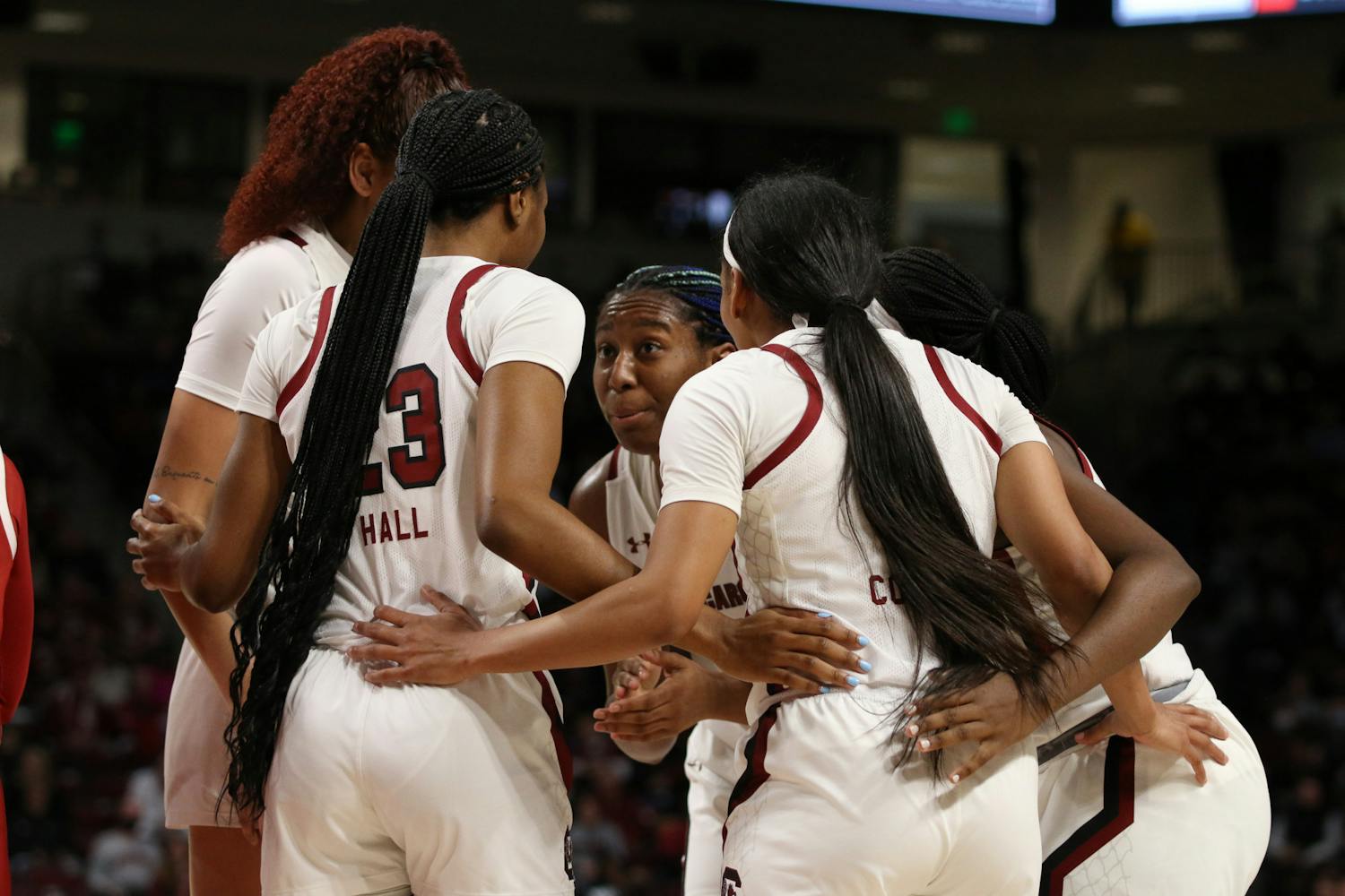 The Gamecocks huddle up after a play on Jan. 22, 2023. The Gamecocks defeated Arkansas 92-46.&nbsp;