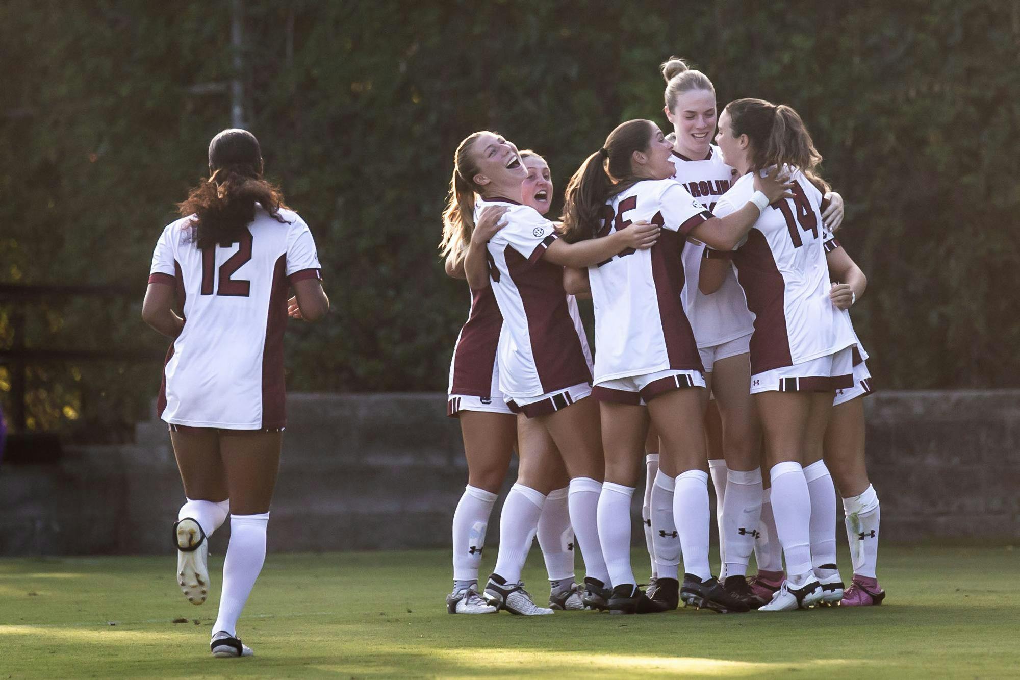 FILE — Members of the Gamecock women's soccer team celebrate after a goal is scored during the first half of South Carolina's match against Furman on Aug. 18, 2024, at Stone Stadium. Several of South Carolina's veteran players are returning for a fifth year to help the team in its mission to secure a national title. 