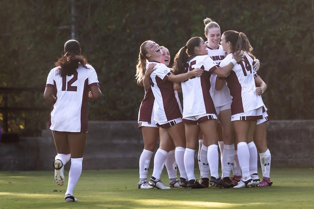 <p>FILE — Members of the Gamecock women's soccer team celebrate after a goal is scored during the first half of South Carolina's match against Furman on Aug. 18, 2024, at Stone Stadium. Several of South Carolina's veteran players are returning for a fifth year to help the team in its mission to secure a national title. </p>