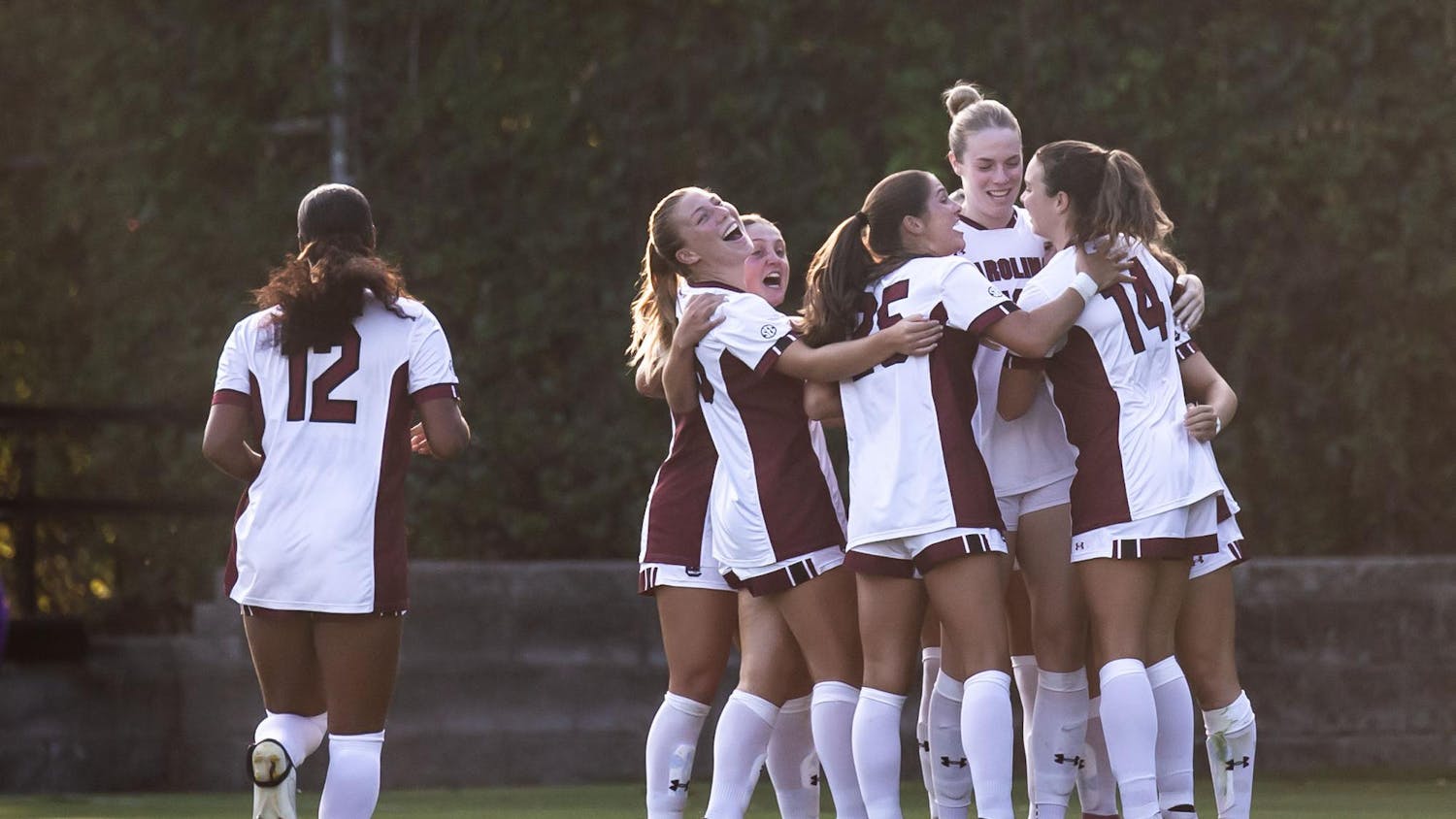 FILE — Members of the Gamecock women's soccer team celebrate after a goal is scored during the first half of South Carolina's match against Furman on Aug. 18, 2024, at Stone Stadium. Several of South Carolina's veteran players are returning for a fifth year to help the team in its mission to secure a national title.