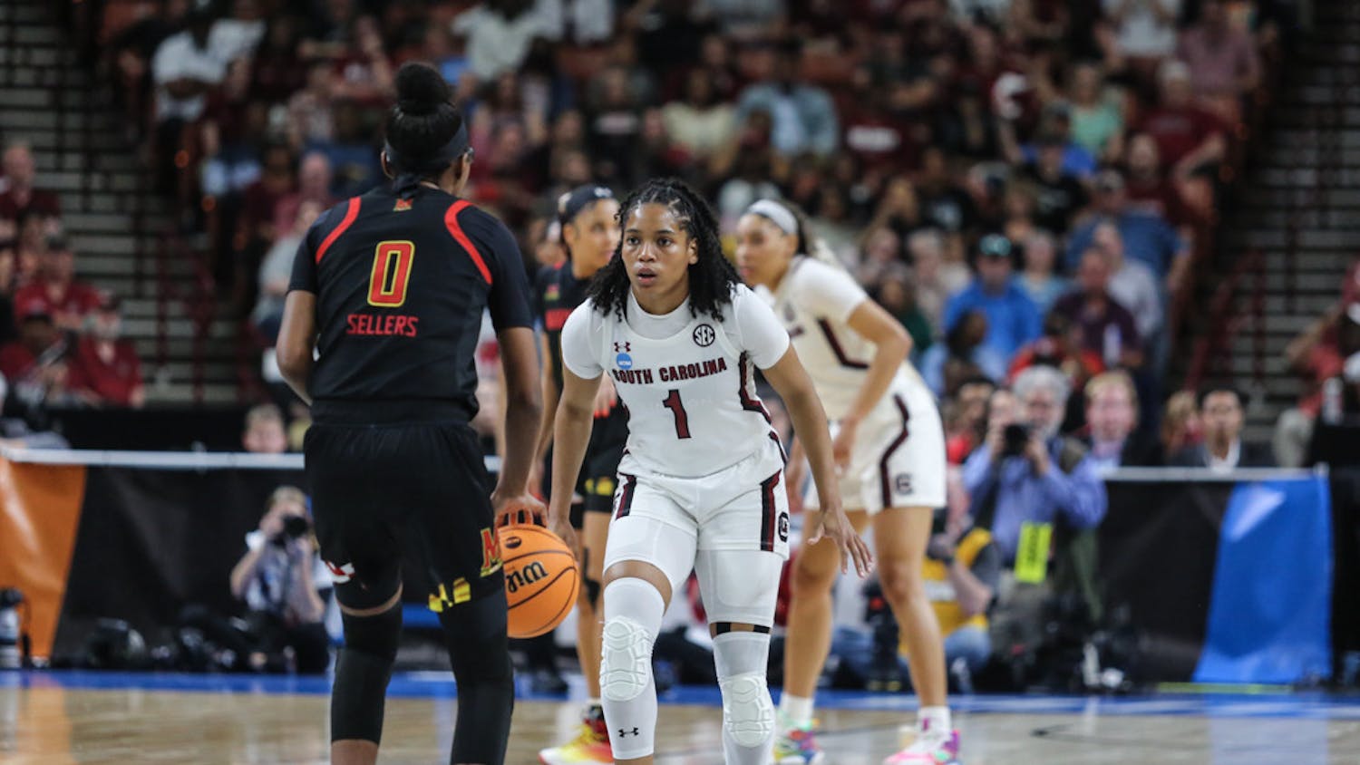 Senior guard Zia Cooke defends against Maryland's offense before the opponents pass the ball during the Elite Eight game on March 27, 2023. Cooke scored 18 points for the Gamecocks.