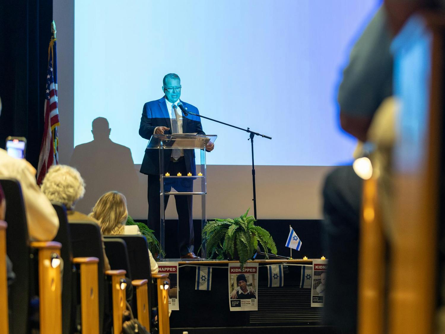 Pastor Stephen Williamson of Gethsemane Baptist Church speaks during the Israel Solidarity Rally, hosted by Gamecocks for Israel in Russell House on Oct. 7, 2024. Williamson spoke about Christianity’s origin in Judaism and the importance of Christians supporting Israel.