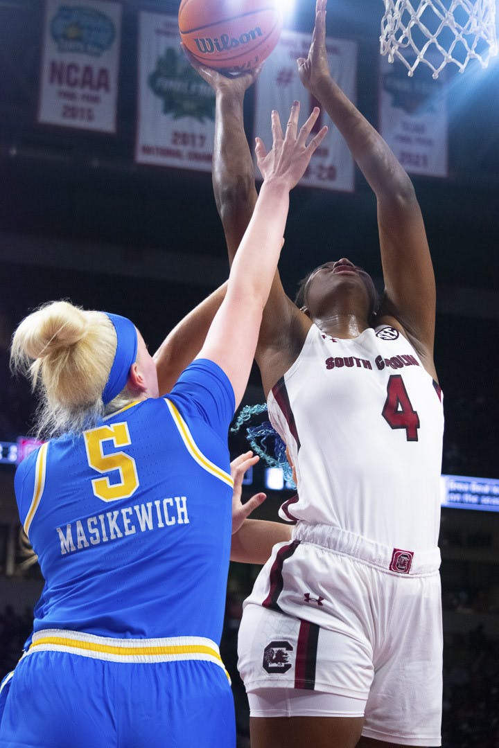 Senior forward Aliyah Boston goes in for a point during South Carolina's matchup with UCLA on Nov. 29, 2022. The Gamecocks beat the Bruins 73-64.