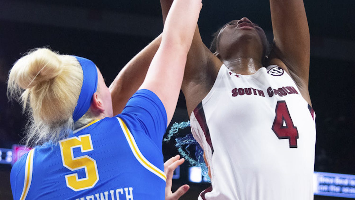 Senior forward Aliyah Boston goes in for a point during South Carolina's matchup with UCLA on Nov. 29, 2022. The Gamecocks beat the Bruins 73-64.