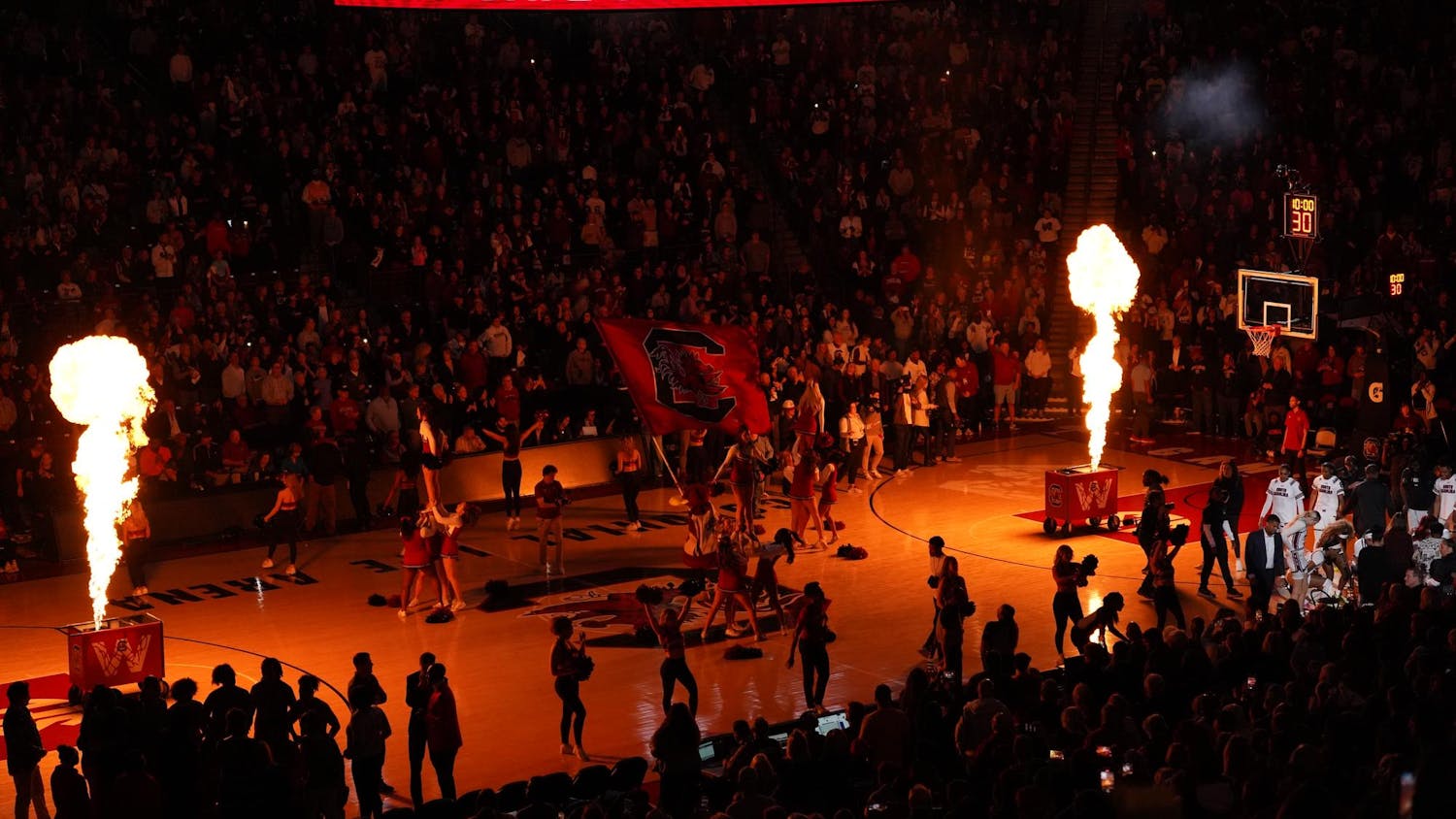 Pyrotechnics go off during the pregame ceremonies ahead of South Carolina's game against Georgia on Feb. 18, 2024, at Colonial Life Arena. The Gamecocks defeated the Bulldogs 70-56.