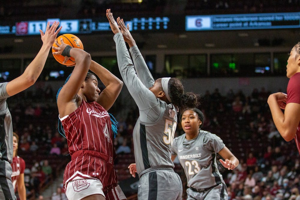 Junior forward Aliyah Boston makes it through the defense to make a layup during a game against Vanderbilt on January 24, 2022 in Columbia, SC. The Gamecocks dominated both halves, defeating the Commodores 85-30.  
