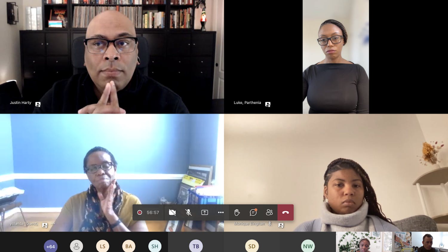 Panelists Justin Harty, Yolanda Burwell and Monique Bingham speak with diversity fellow and moderator Parthenia Luke during a virtual panel on Feb. 24, 2023. The experts discussed the importance of education and diversity in social work and their hopes for the future of the white-dominated field. 