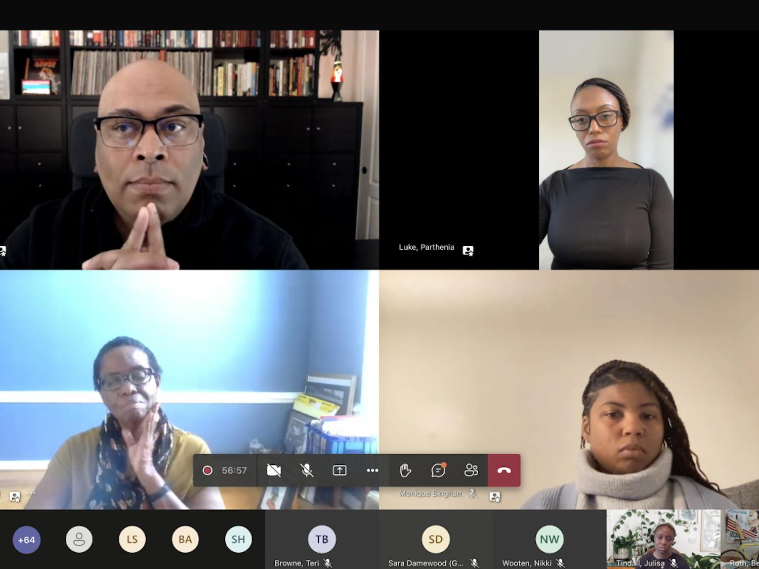 Panelists Justin Harty, Yolanda Burwell and Monique Bingham speak with diversity fellow and moderator Parthenia Luke during a virtual panel on Feb. 24, 2023. The experts discussed the importance of education and diversity in social work and their hopes for the future of the white-dominated field. 