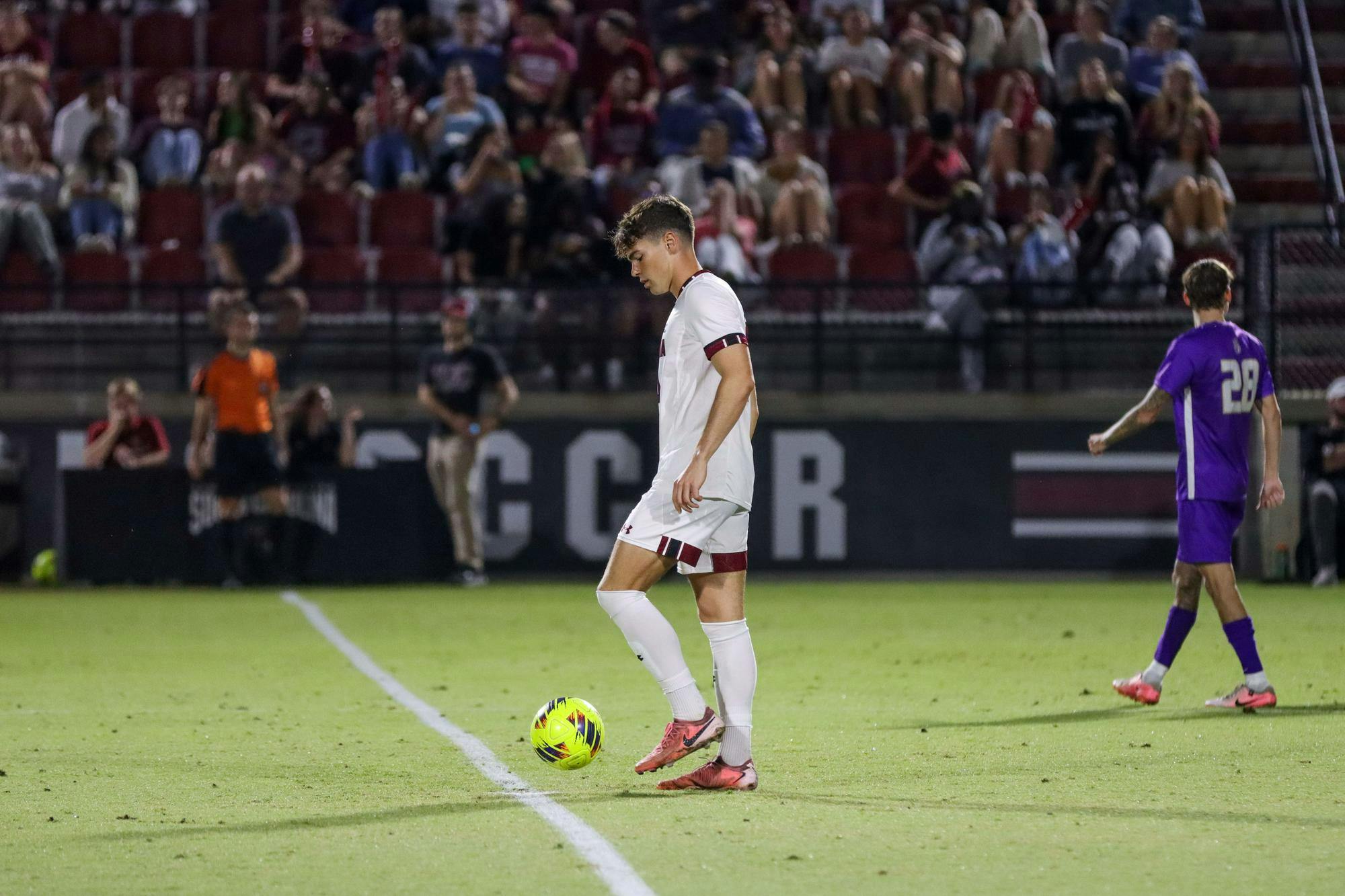 FILE — Junior midfielder Ethan Ballek toes the ball during the first half of South Carolina's game against James Madison on Oct. 23, 2024. Ballek has started in all games for South Carolina so far in the 2024 season. 