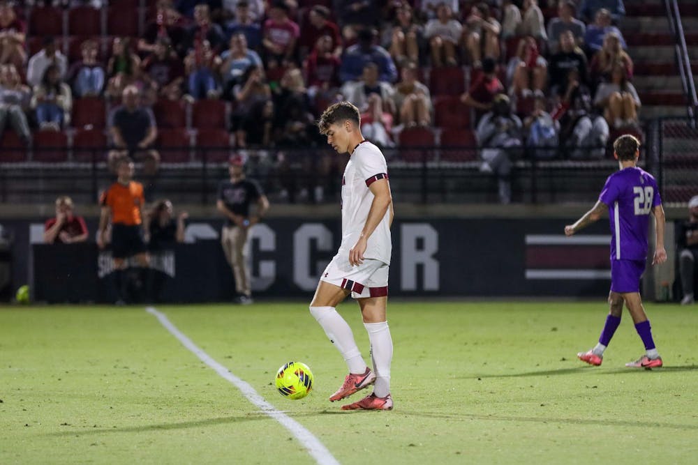 <p>FILE — Junior midfielder Ethan Ballek toes the ball during the first half of South Carolina's game against James Madison on Oct. 23, 2024. Ballek has started in all games for South Carolina so far in the 2024 season. </p>