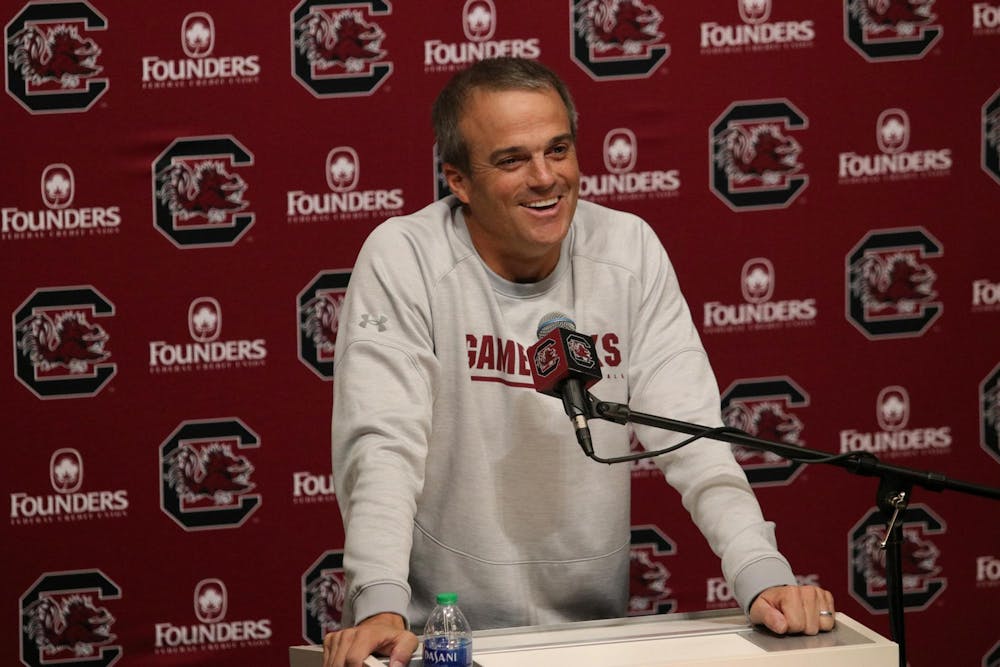 <p>Gamecock football head coach Shane Beamer talks to the press on Oct. 24, 2023 at the Football Operations Center. The Gamecocks' 2024 recruiting class is currently ranked No. 19 in the country and No. 10 in the SEC.</p>