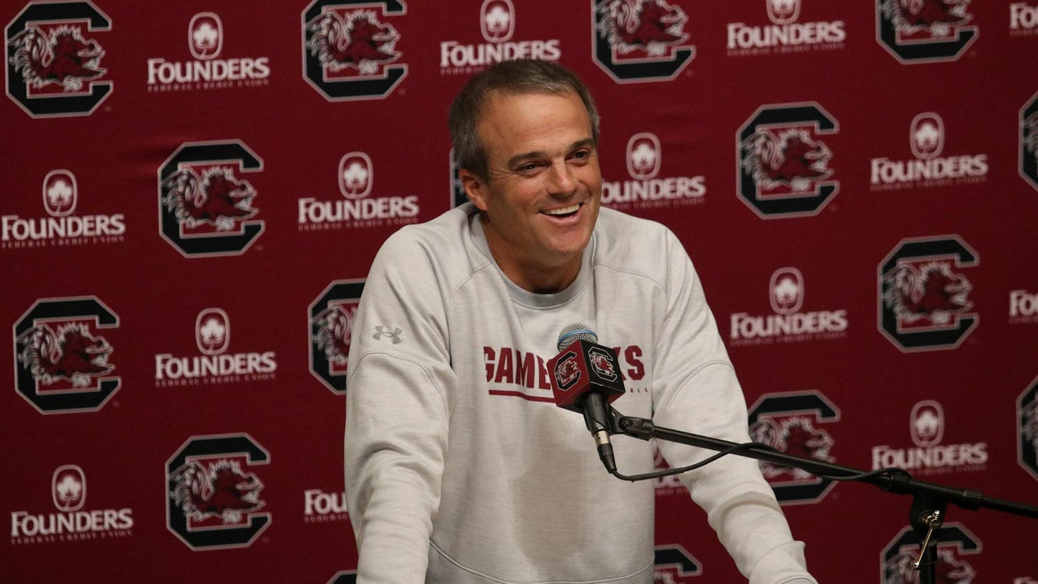 Gamecock football head coach Shane Beamer talks to the press on Oct. 24, 2023 at the Football Operations Center. The Gamecocks' 2024 recruiting class is currently ranked No. 19 in the country and No. 10 in the SEC.
