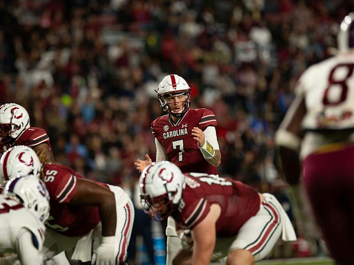 FILE— Redshirt junior quarterback Spencer Rattler stays calm and collected before the snap. Rattler successfully conducted passes and rushing plays to secure the victory for the Gamecocks against South Carolina State on Sept. 29, 2022.