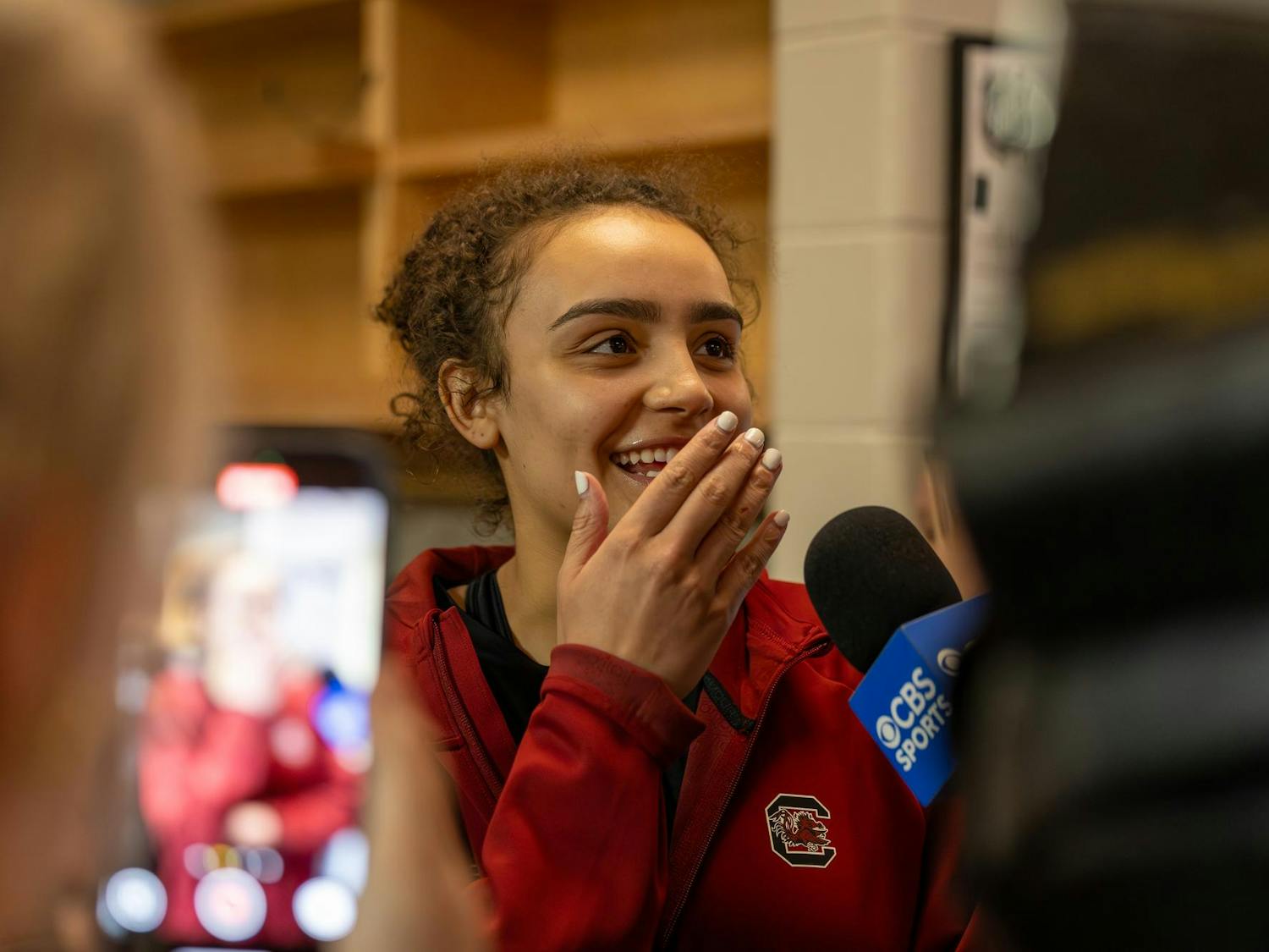 Sophomore guard Tessa Johnson talks with a reporter in South Carolina's locker room at Amalie Arena in Tampa, Florida on April 3, 2025 ahead of the team's Final Four matchup against Texas. Johnson has averaged 8.3 points and 2.2 rebounds per game this season.