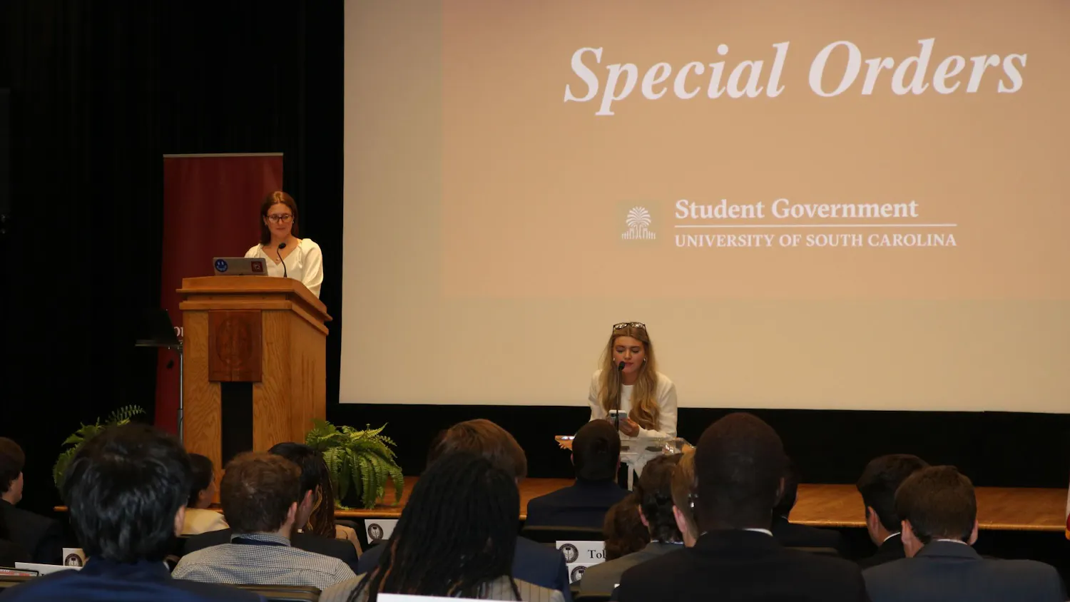 FILE — A candidate for speaker pro tempore campaigns for the position on March 25, 2026, in the Russell House Theater. An update was given on the Williams-Brice renovations during the meeting on April 22, 2026.