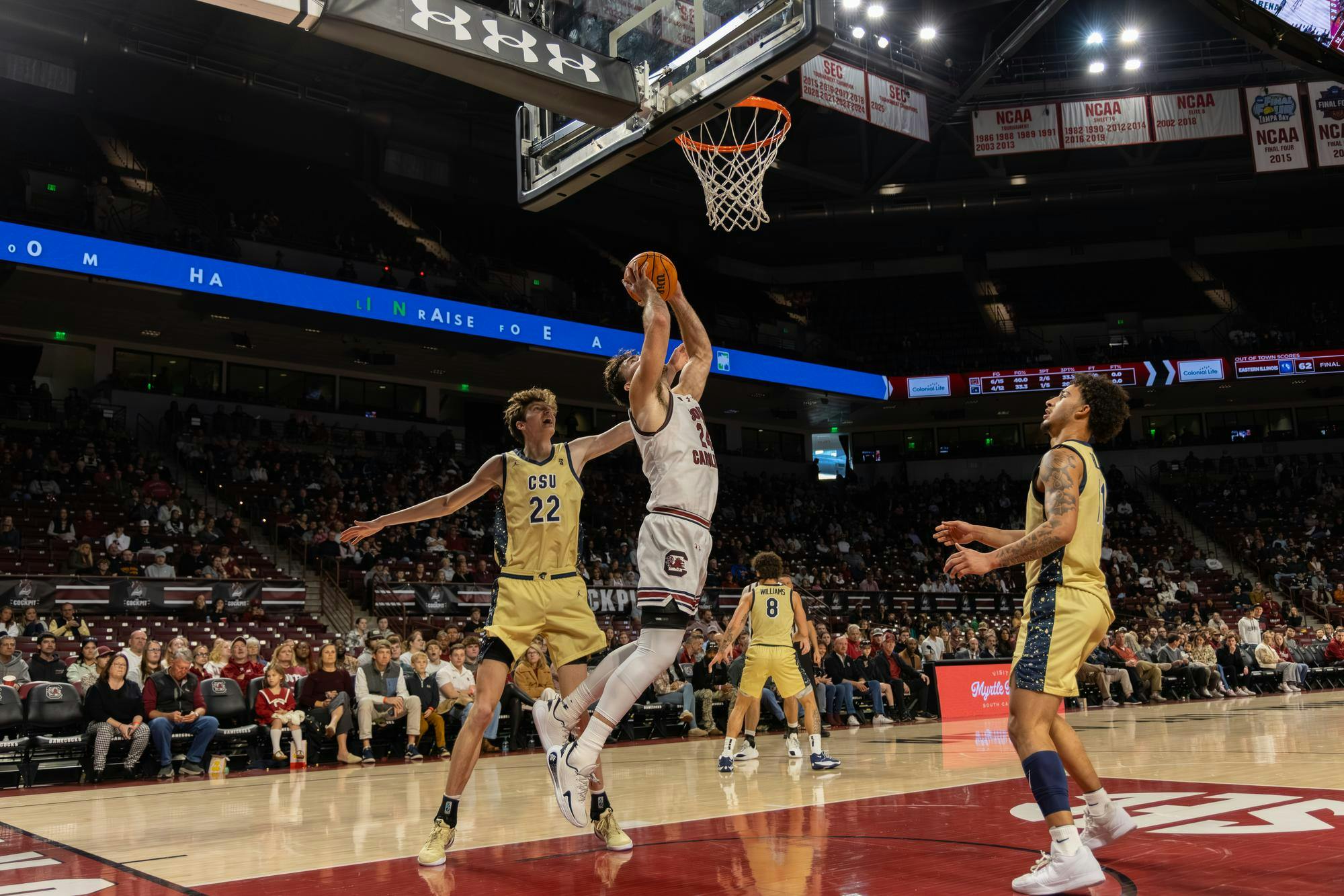 Senior forward Nordin Kapic performs a layup during the game against Charleston Southern on Nov. 28, 2025. Kapic scored 11 points during 15 minutes of playtime.