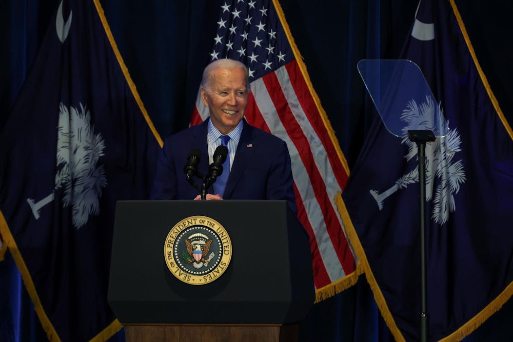 <p>President Joe Biden speaks at the South Carolina Democratic Party's "First in the Nation" dinner in Columbia, SC on Jan. 27, 2024. President Biden spoke passionately about his time so far in office, repeating the phrase "promises made and promises kept" throughout his speech.</p>