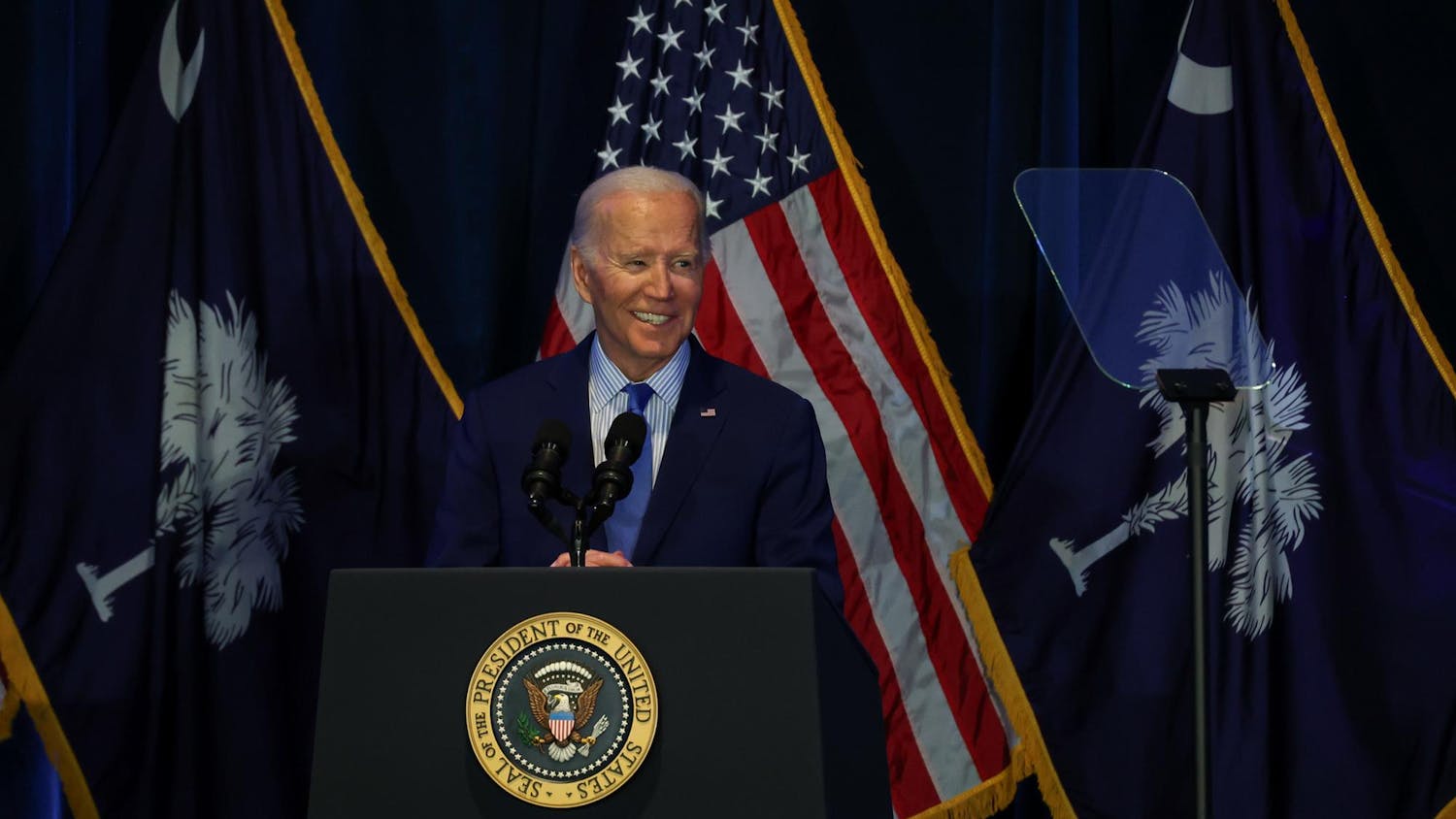 President Joe Biden speaks at the South Carolina Democratic Party's "First in the Nation" dinner in Columbia, SC on Jan. 27, 2024. President Biden spoke passionately about his time so far in office, repeating the phrase "promises made and promises kept" throughout his speech.