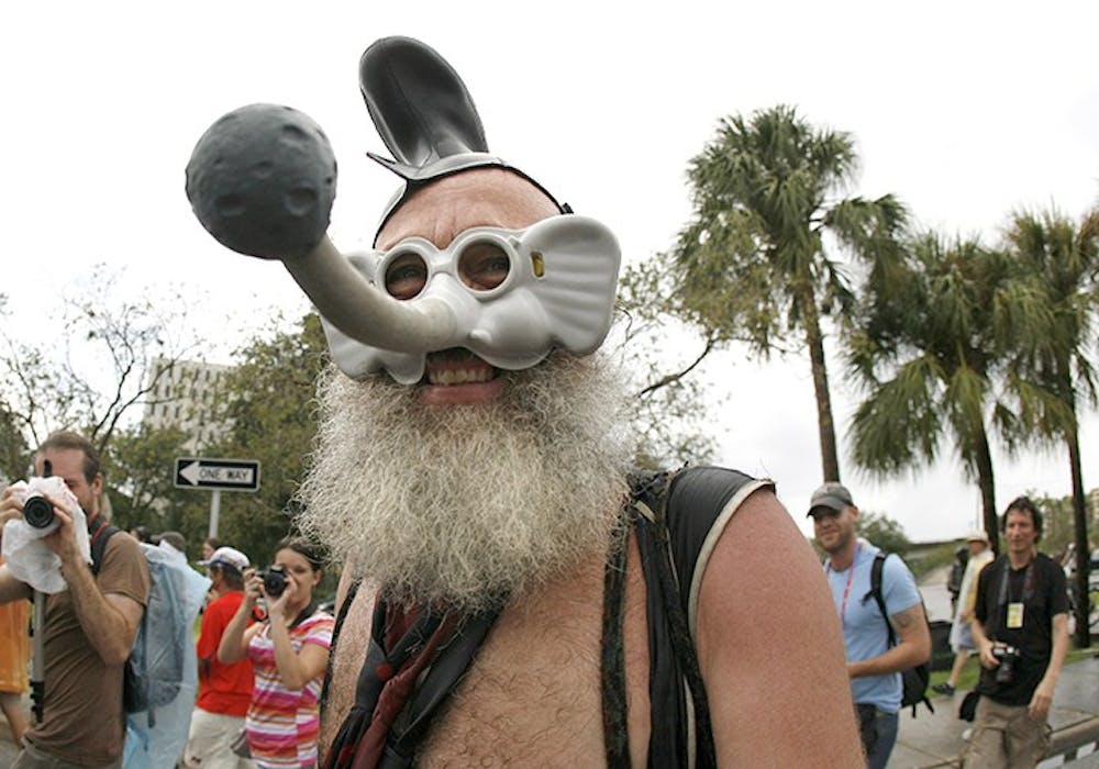 Vermin Supreme, 62, from Baltimore, wears his elephant mask as he marches along with fellow protesters during the March For Your Life rally in Tampa, Florida, Monday, August 27, 2012. (Dirk Shadd/Tampa Bay Times/MCT)******BRADENTON OUT******