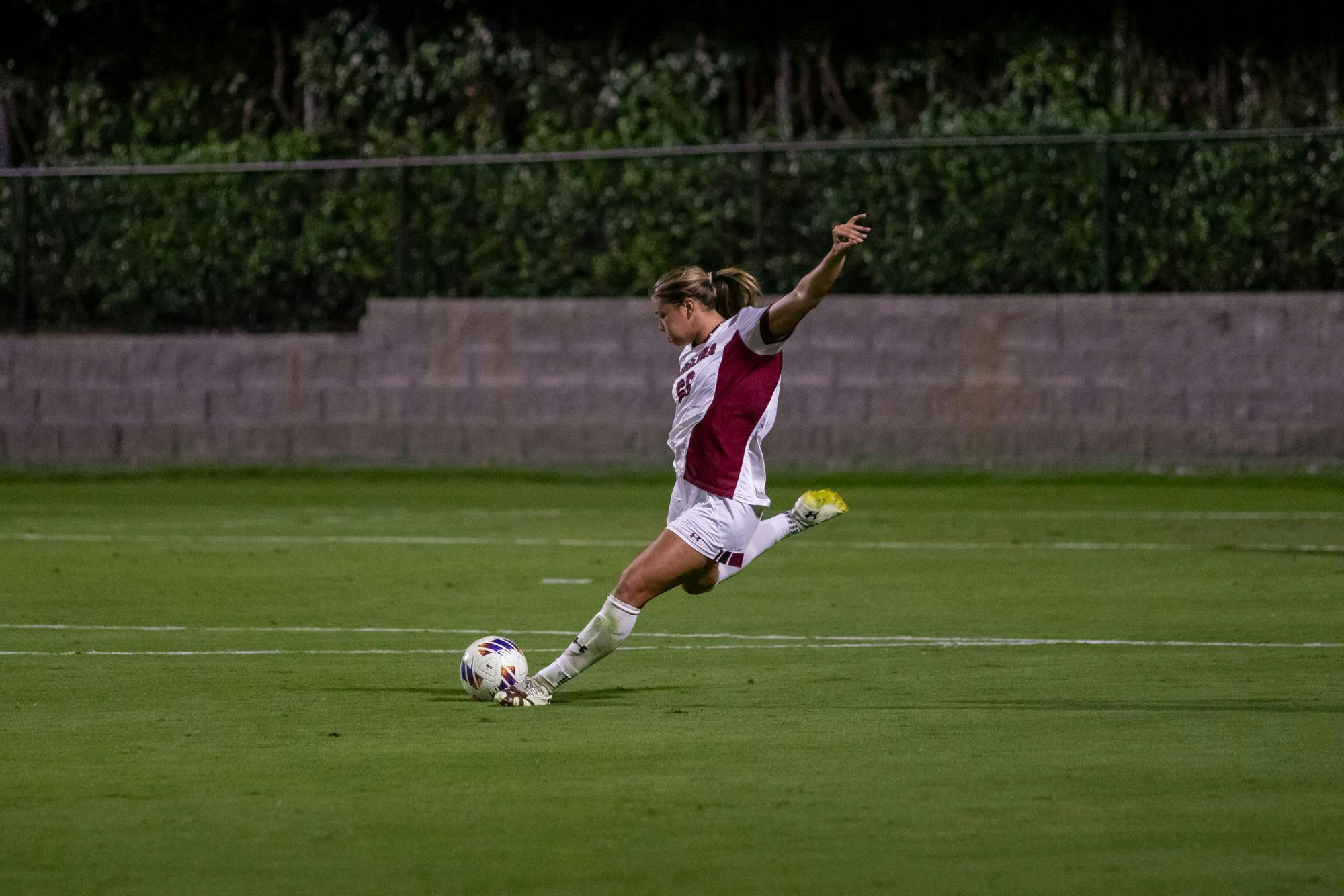 Senior defender Gracie Falla kicks a free kick up the field in the women’s soccer game against Texas on Oct. 9, 2025. Falla has played the most minutes out of anyone on the team this season.