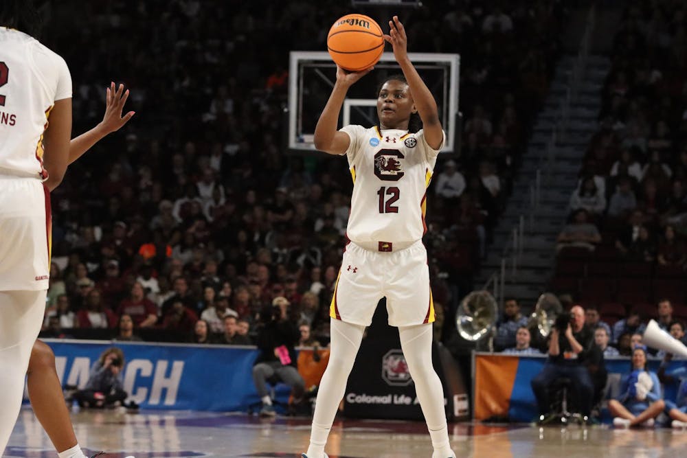 <p>Freshman guard MiLaysia Fulwiley shoots a 3-pointer in South Carolina's game against the University of North Carolina in the second round of the NCAA Women’s Tournament on March 24, 2024, at Colonial Life Arena. Fulwiley scored 20 points in the ɫɫƵs’ 88-41 win over the Tar Heels.</p>