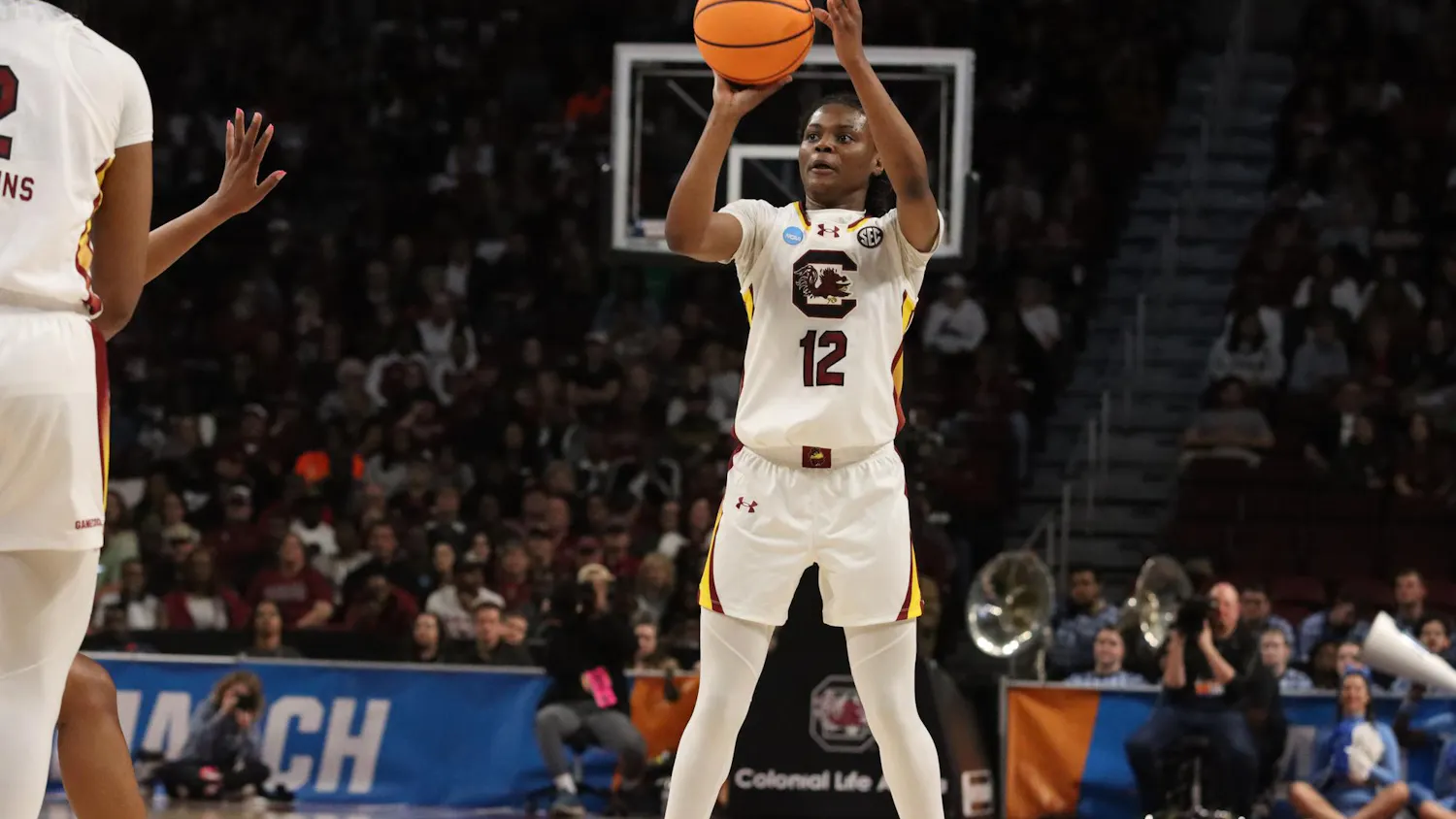 Freshman guard MiLaysia Fulwiley shoots a 3-pointer in South Carolina's game against the University of North Carolina in the second round of the NCAA Women’s Tournament on March 24, 2024, at Colonial Life Arena. Fulwiley scored 20 points in the Gamecocks’ 88-41 win over the Tar Heels.