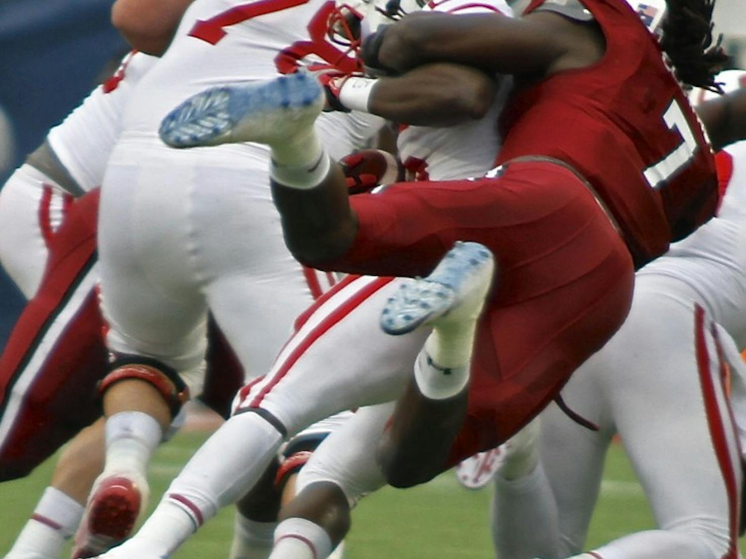 	Star defensive end Jadeveon Clowney makes a tackle in the Jan. 1 Capital One Bowl.