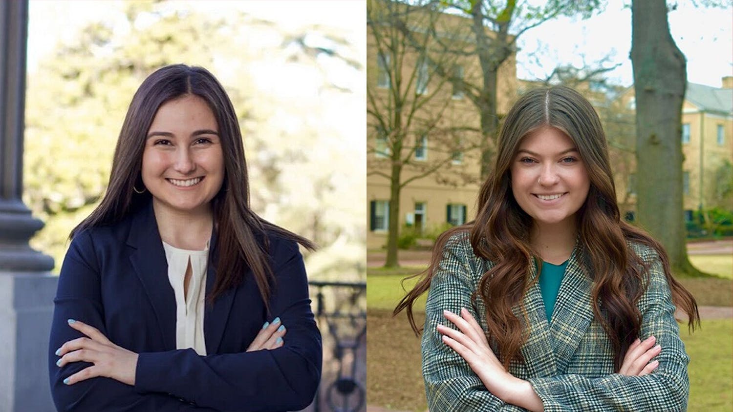 Maia Porzio (left) and Faith Gravley (right) are the candidates running to become the next Student Body Vice President. Students can vote for candidates from Feb. 22 at 9 a.m. to Feb. 23 at 5 p.m. Ballots will be available online.