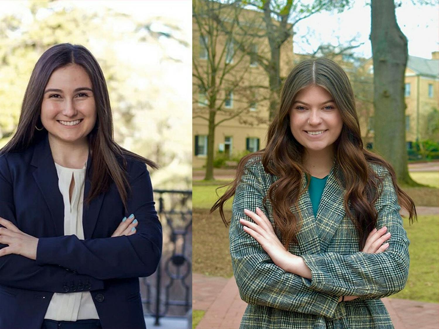 Maia Porzio (left) and Faith Gravley (right) are the candidates running to become the next Student Body Vice President. Students can vote for candidates from Feb. 22 at 9 a.m. to Feb. 23 at 5 p.m. Ballots will be available online.