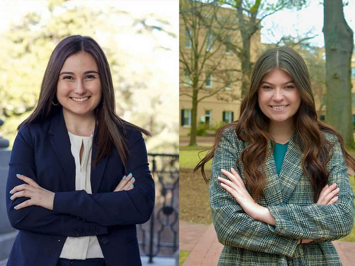 Maia Porzio (left) and Faith Gravley (right) are the candidates running to become the next Student Body Vice President. Students can vote for candidates from Feb. 22 at 9 a.m. to Feb. 23 at 5 p.m. Ballots will be available online.